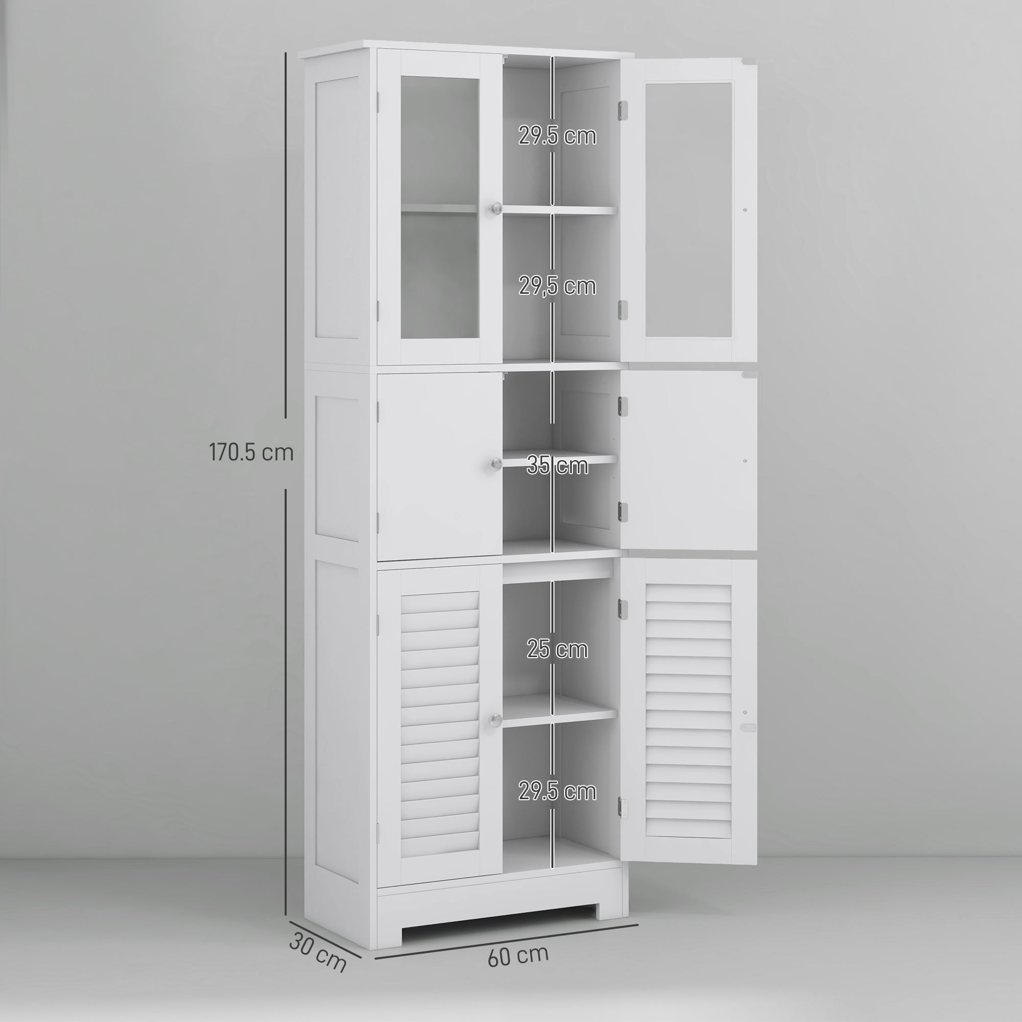 Bathroom Cabinet Column with 3 Cabinets and Glass Doors and Shutters, 60x30x170.5cm, White