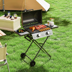 Portable Gas Barbecue with 2 Burners and 2 Side Tables, Lid with Thermometer and Wheels, Black