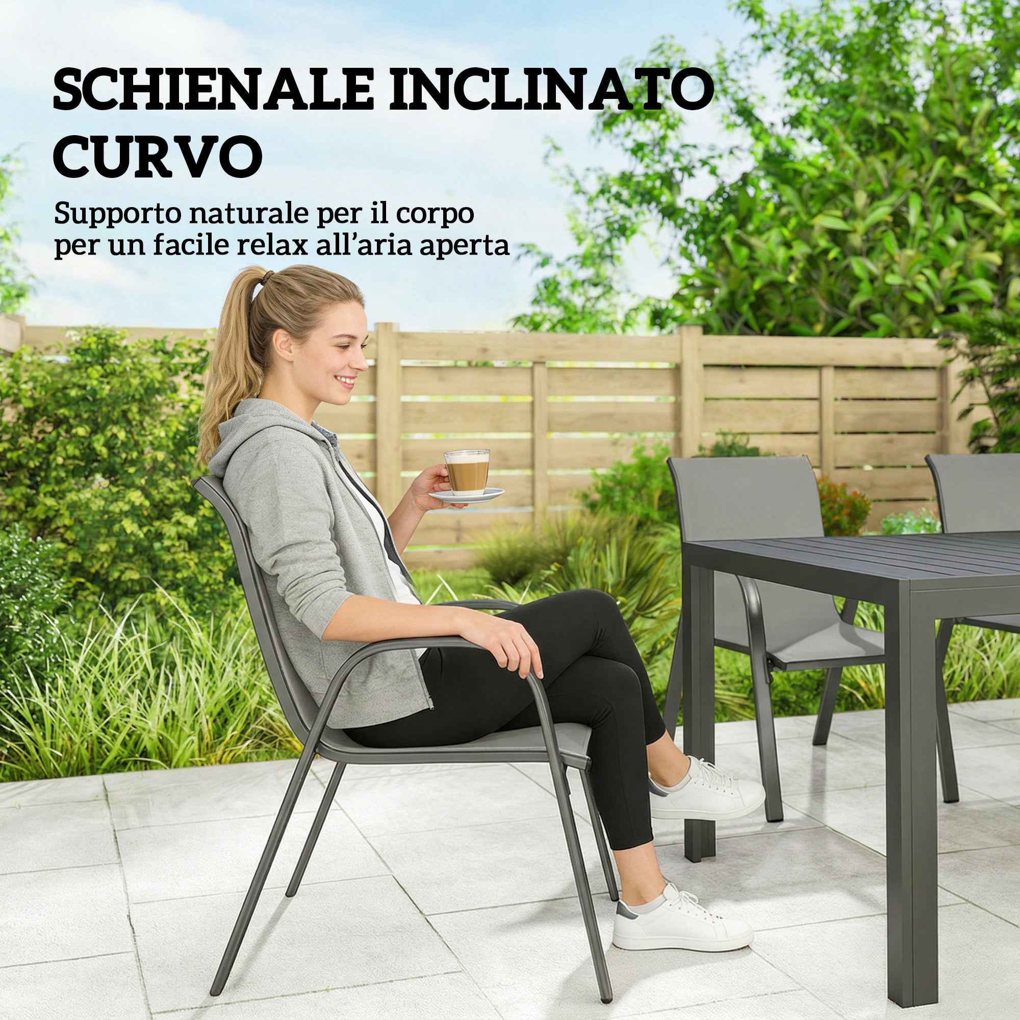 Outsunny Steel Outdoor Set with Rectangular Table and 6 Stackable Texteline Chairs, Light Grey