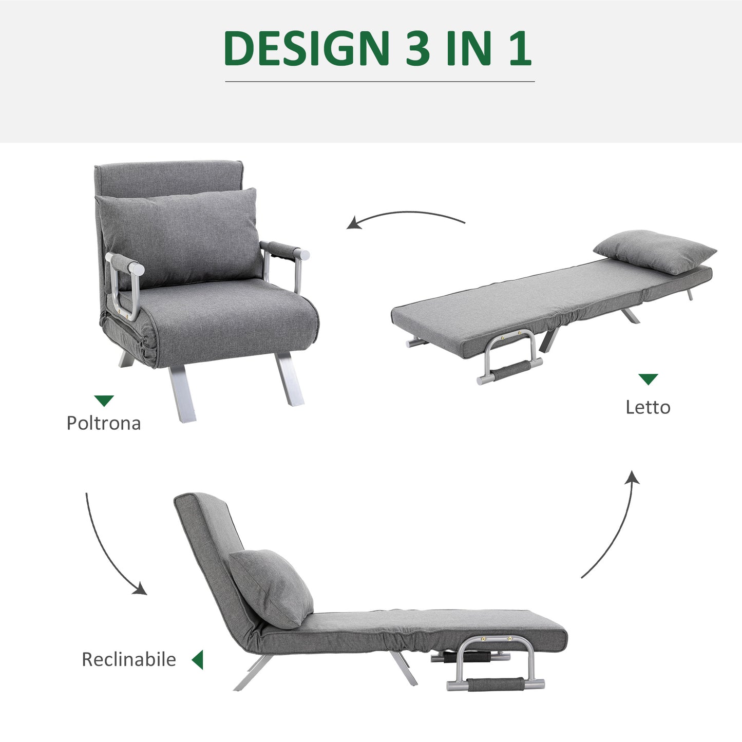 HOMCOM Single Armchair Bed with 5-Level Adjustable Backrest and Fabric Cushion, Light Gray