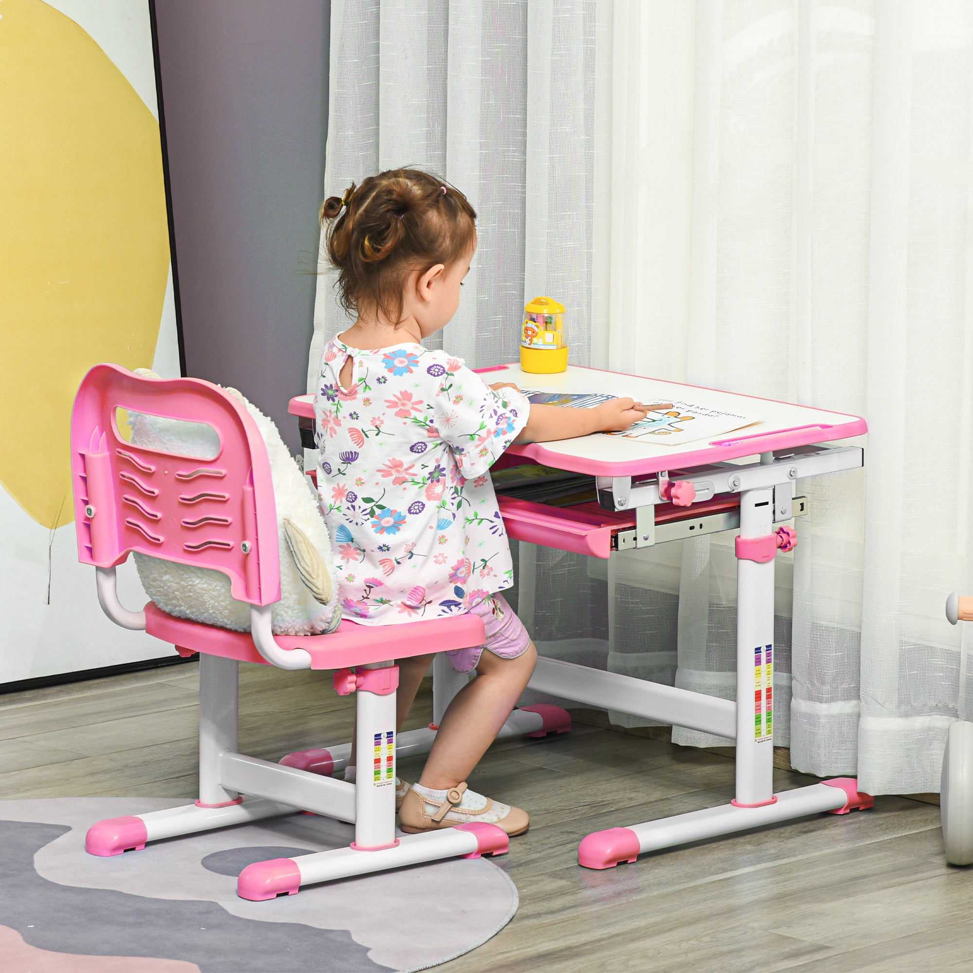 Children's School Desk for 6-12 Years with Chair and Adjustable Height, Tiltable Top, 66x47x52-77 cm, Pink
