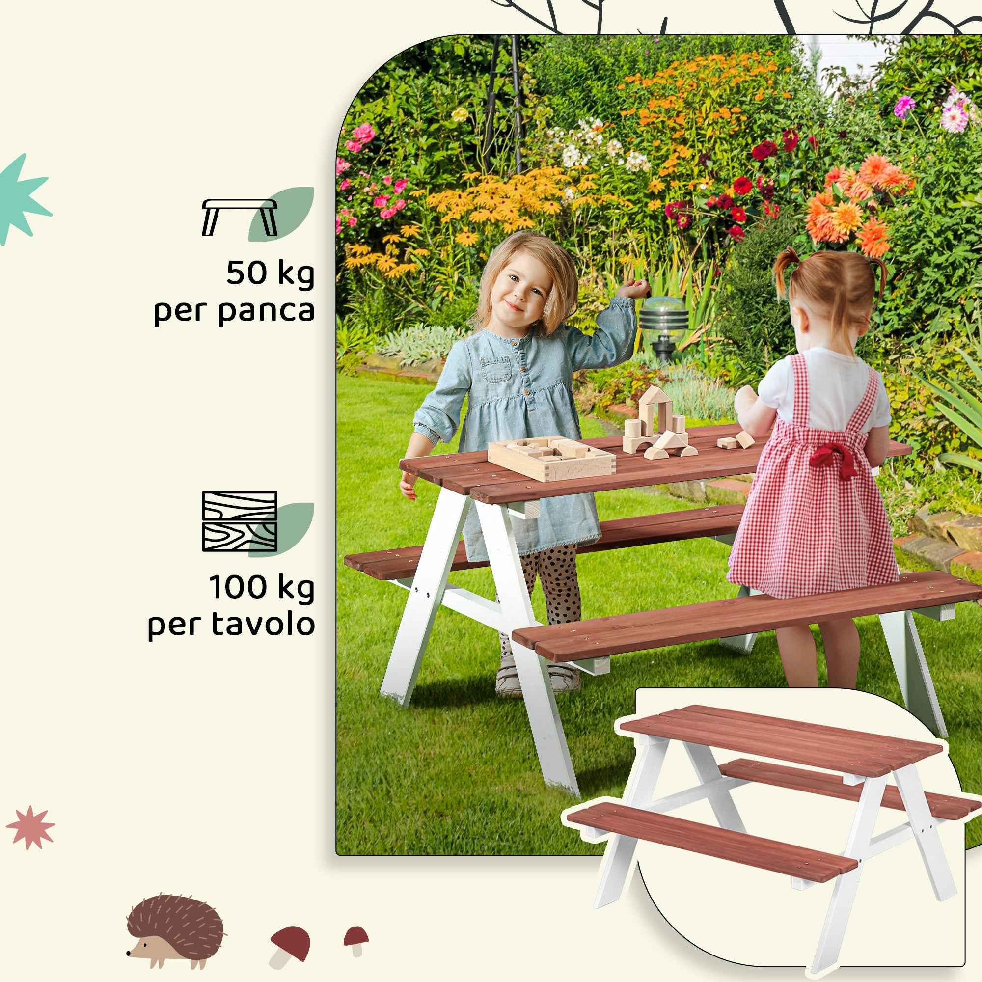 Outsunny Picnic Table Set for Children Ages 3-8 with Wooden Benches, 89x79x50 cm, Brown