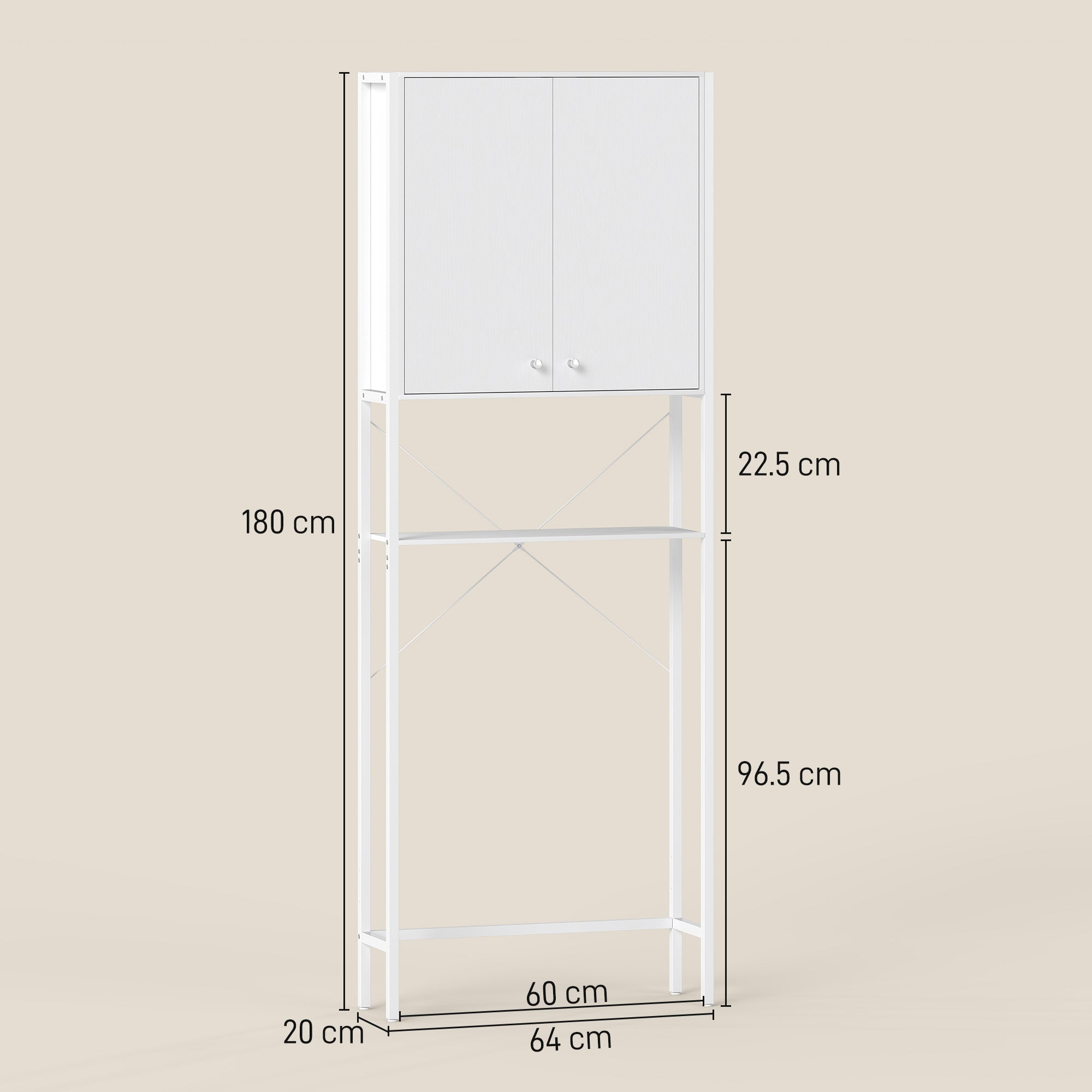Bathroom Cabinet Above Toilet and Washing Machine with Cabinet and Open Shelf, 64x20x180 cm, White