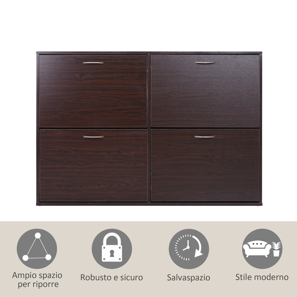 Space-Saving 24 Pair Shoe Rack with Adjustable Shelves and 4 Drawers, Wooden, 120x24x81cm, Brown