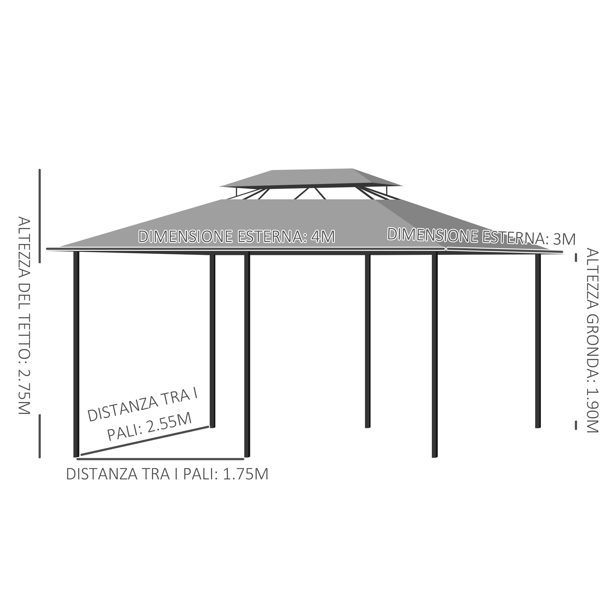 Outsunny Gazebo 4x3 m with 6 Curtains and 2-Tier Roof, in Steel and Polyester, Dark Grey