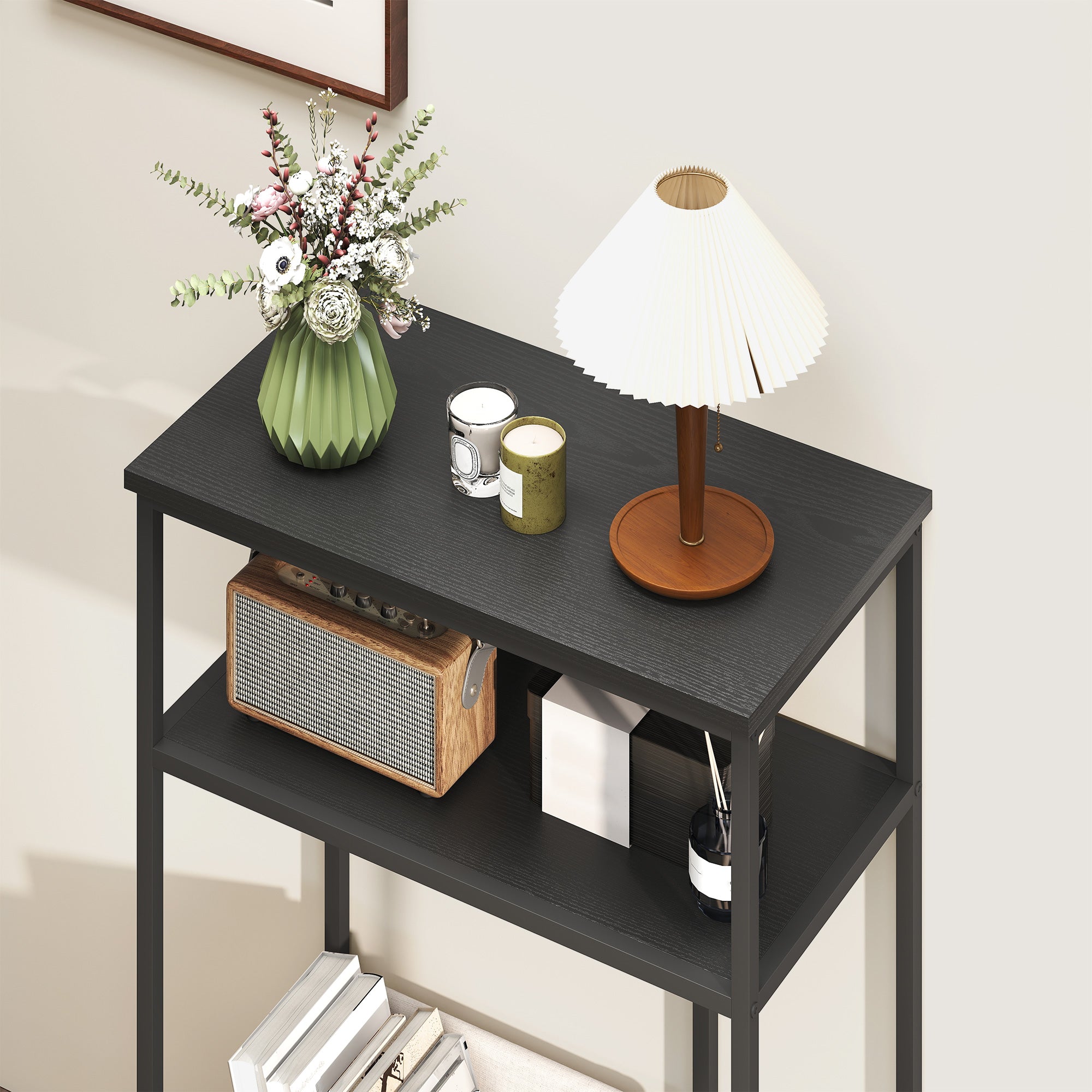 3-Tier Console Table with Metal and Wood Frame, 55x30x81 cm, Black