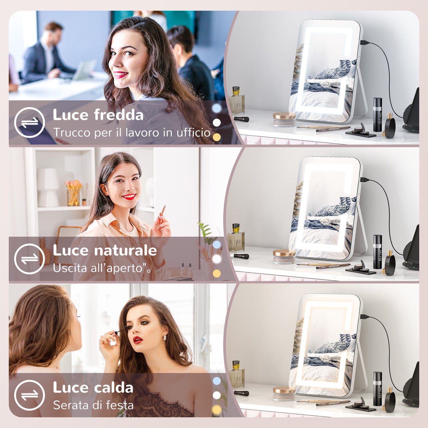 Makeup Mirror with 3-Color Adjustable Lights, USB Socket and 10x Magnifying Mirror, 31x41.5x3cm, White