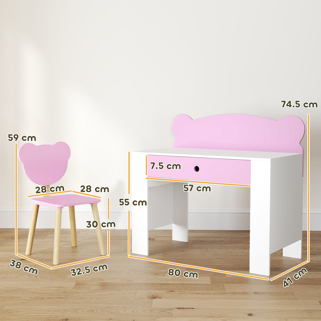 Children's Desk Set with Drawer and Chair with Teddy Backrest, Ages 3-8 Years, Pink
