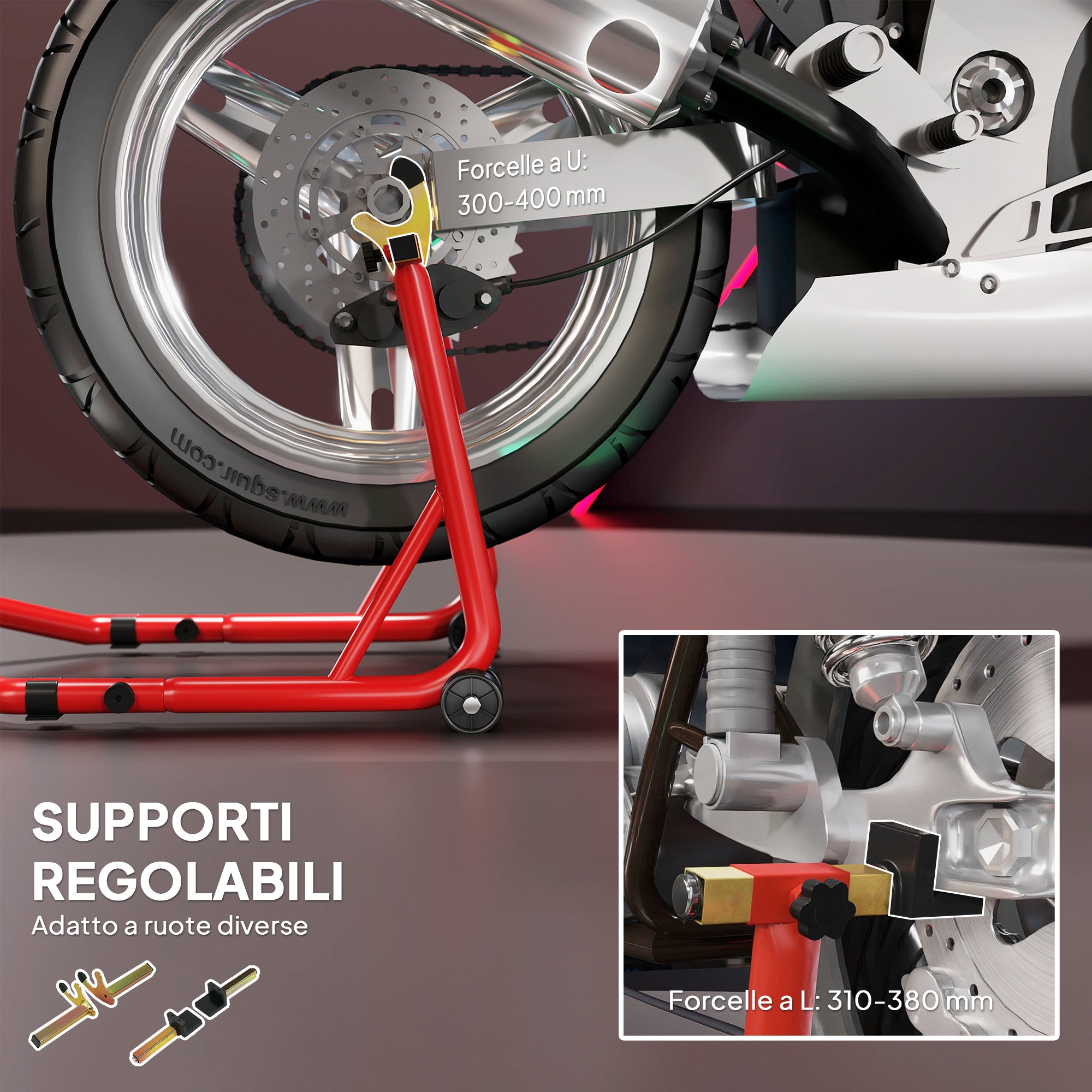 Motorcycle Stand with 544kg Capacity, Adjustable U- and L-Forks, Non-Slip Wheels and Pads, Red