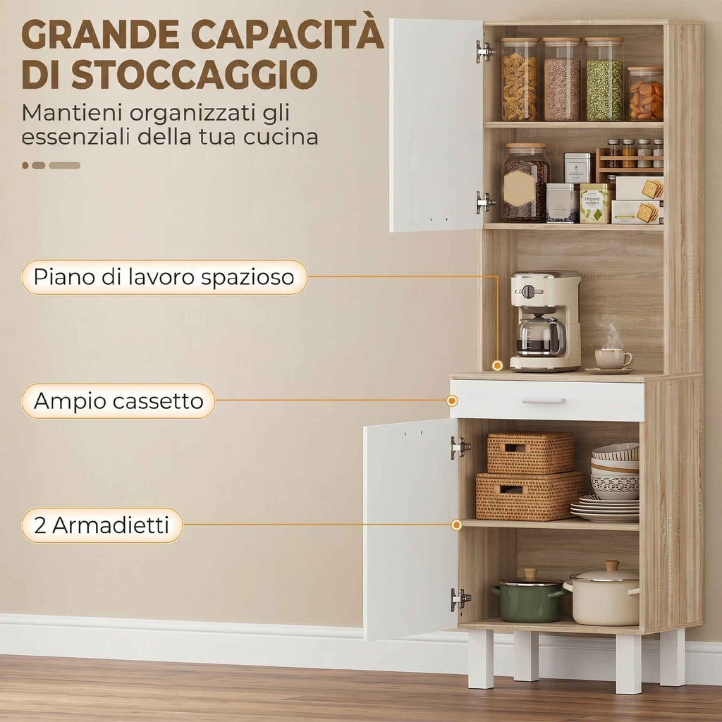 HOMCOM Kitchen Sideboard with Open Shelves, 2 Cabinets and Drawer, in Wood and Metal, 55x40x175 cm, White and Wood