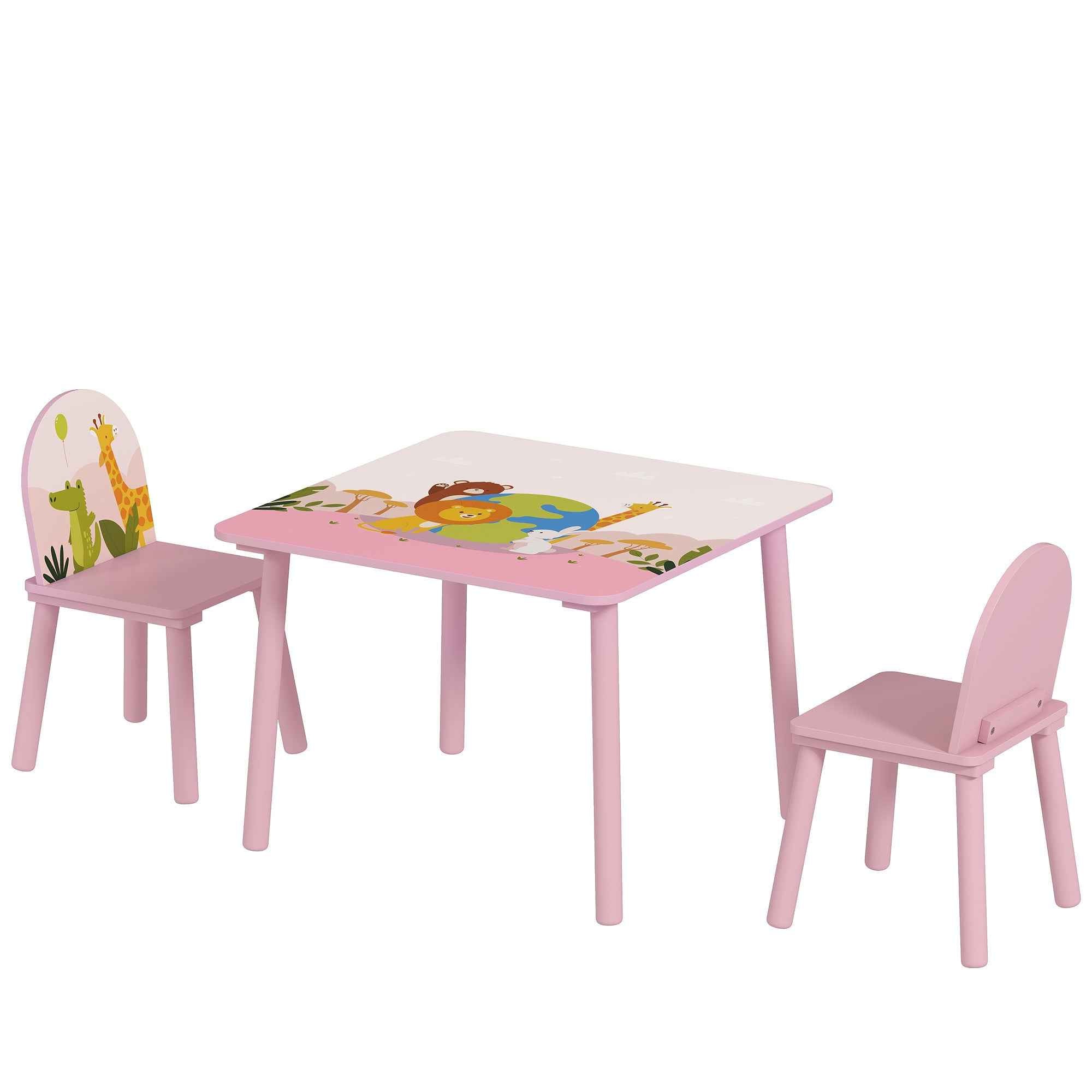 AIYAPLAY Children's Table and Chair Set for 3-8 Years Old with Animal Patterns and Rounded Edges, in MDF and Pink Pine Wood