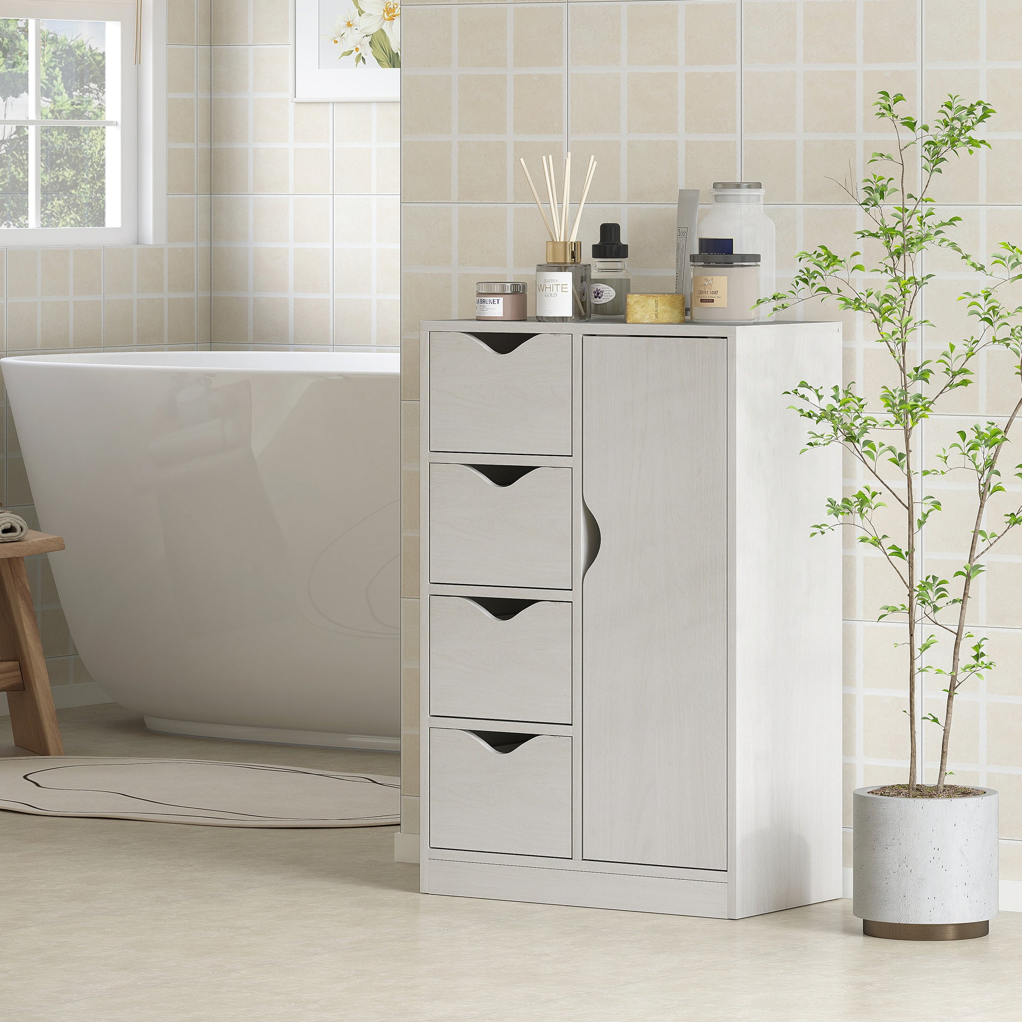 Bathroom Cabinet with 4 Drawers, 2-Tier Storage Cabinet with Cut-Out Handles, Wooden, 54x29x83 cm, White