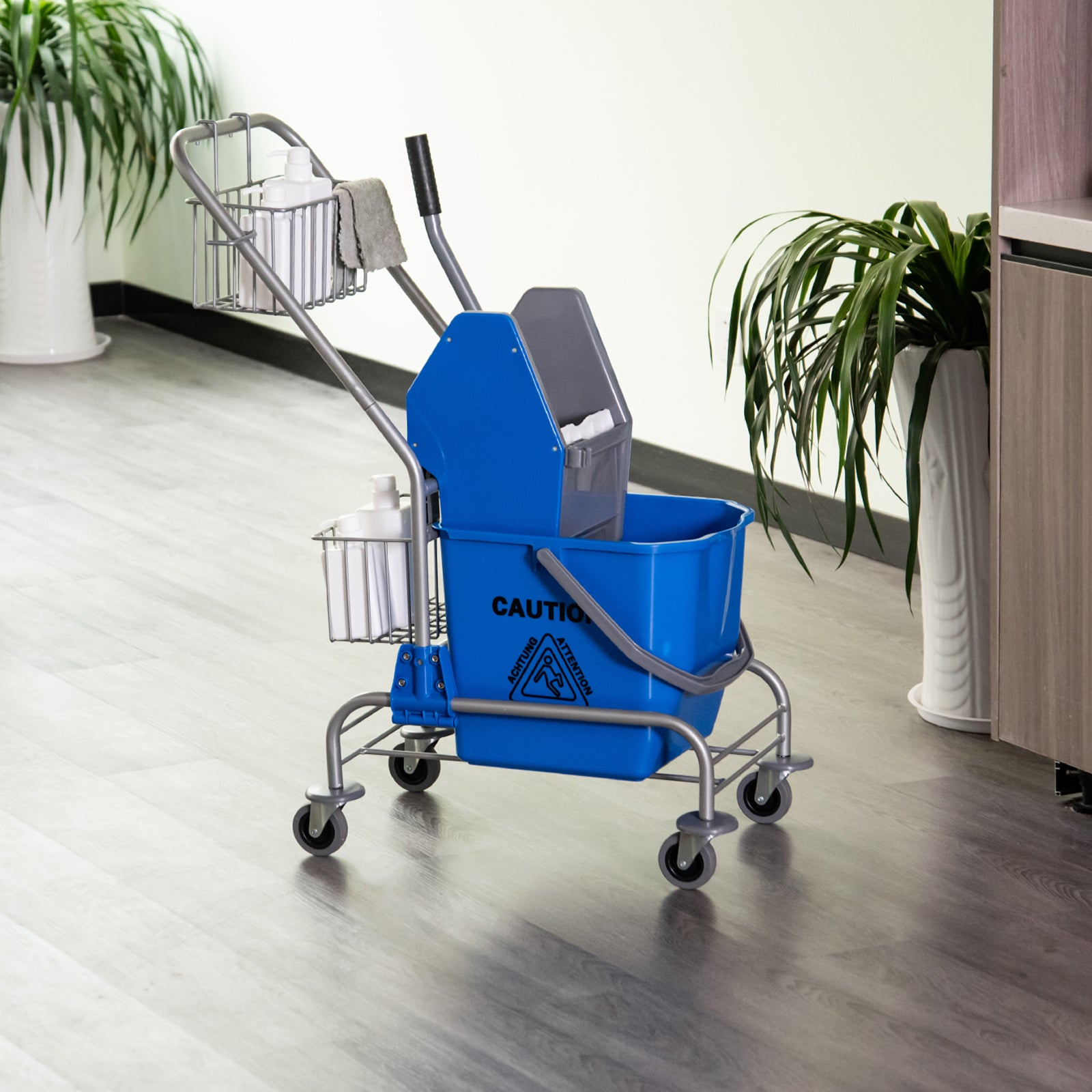 Professional Cleaning Trolley with 26L Bucket for Mop, Wringer and Mesh Baskets, Blue