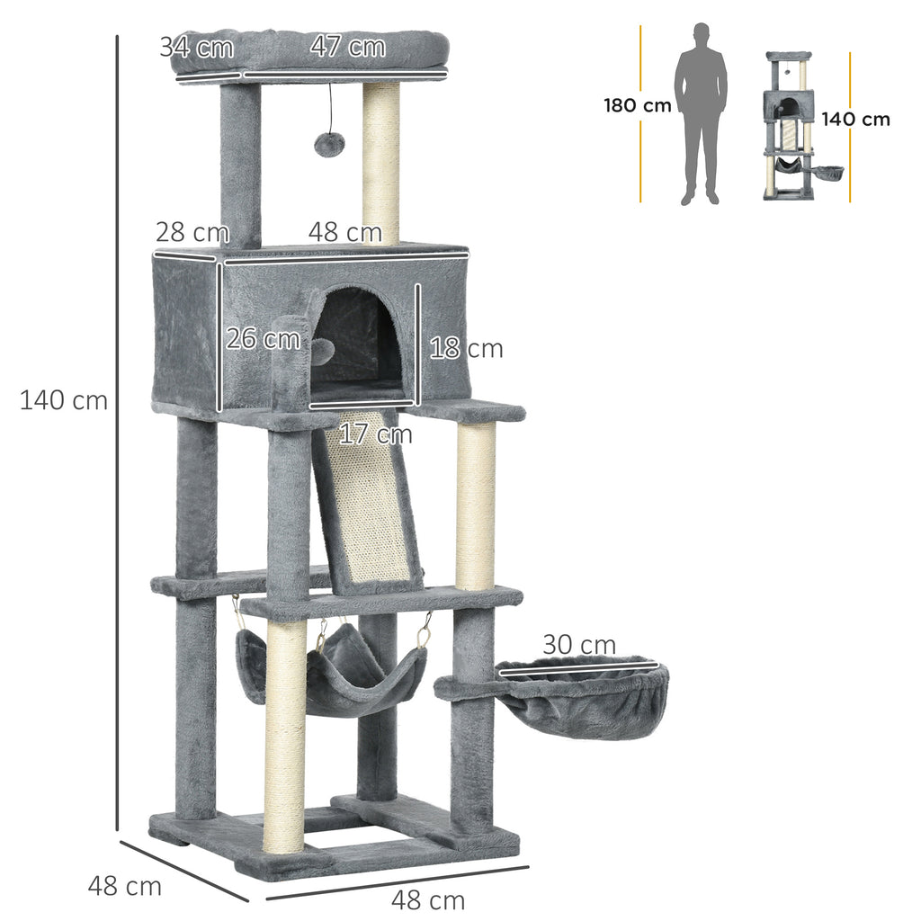 Cat Tree with Sisal Poles, House, Bed and Hammocks, 48x48x140cm, Grey