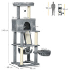 Cat Tree with Sisal Poles, House, Bed and Hammocks, 48x48x140cm, Grey