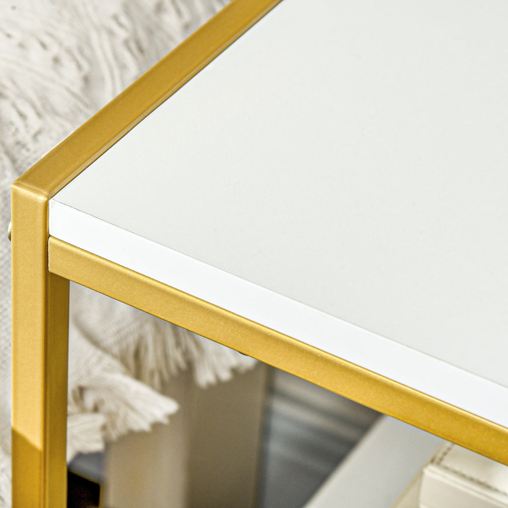 Set of 2 Modern Nightstands with Drawer and Open Shelf, 50x40x55cm, White and Gold