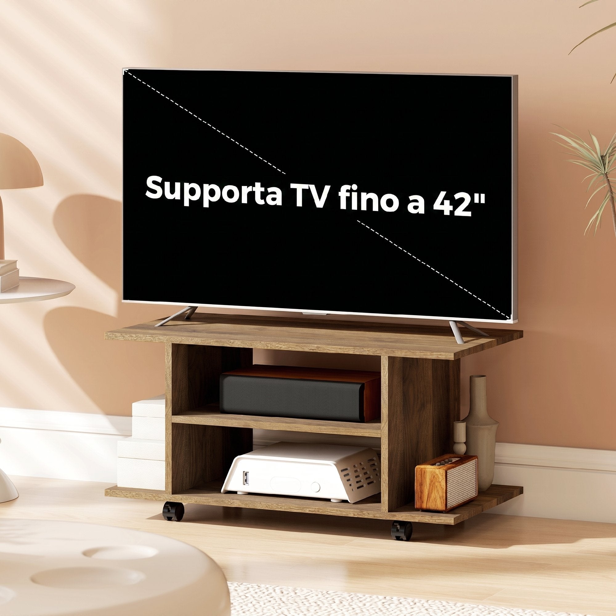 HOMCOM Modern TV Stand with Shelves, Swivel Wheels and Brakes, 80x40x40 cm, Walnut Color