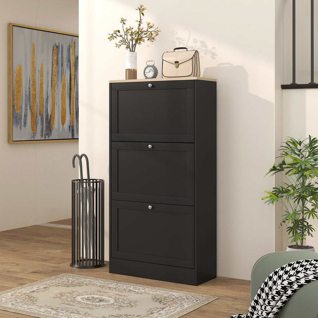 Space-saving 3-drawer shoe rack with adjustable shelves on 2 levels, in wood, 60x23.5x115 cm, Black