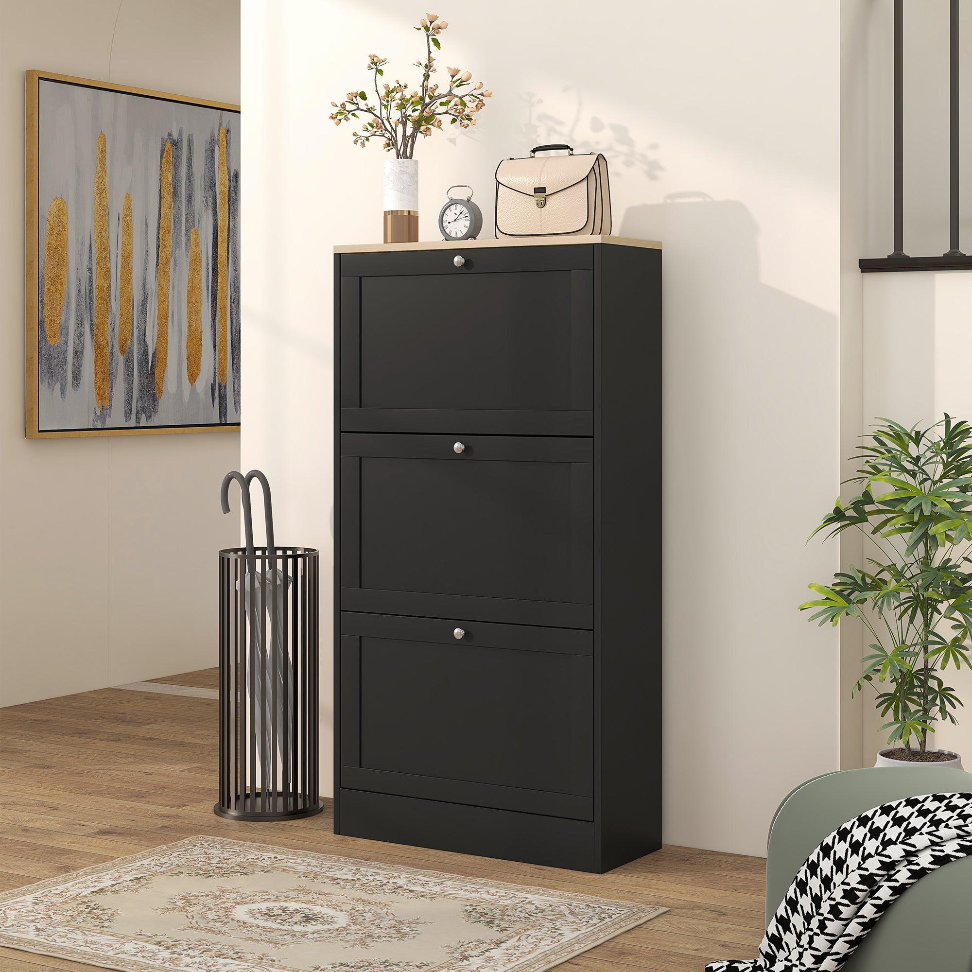 Space-saving 3-drawer shoe rack with adjustable shelves on 2 levels, in wood, 60x23.5x115 cm, Black
