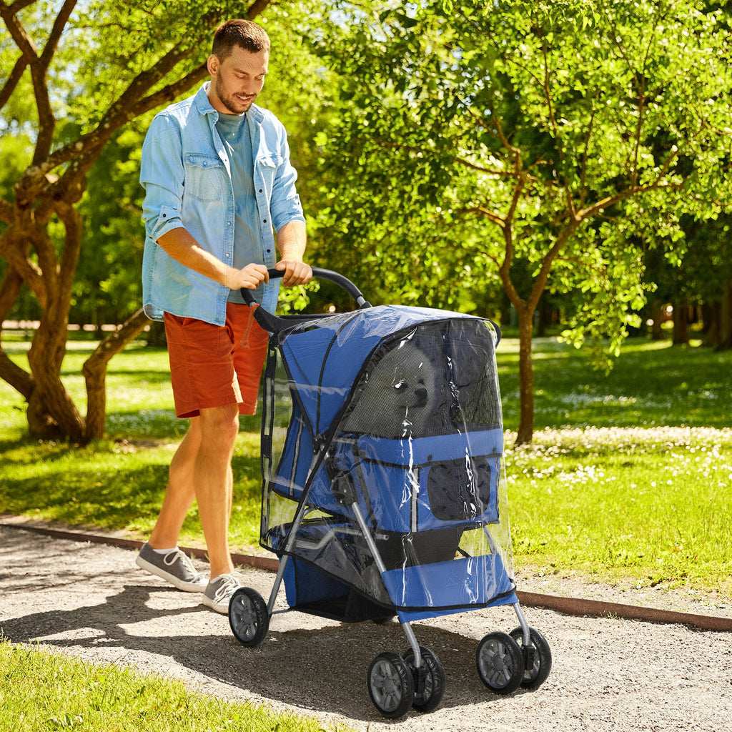 Folding Dog Stroller with Rain Cover, Swivel Wheels and Brakes, Blue