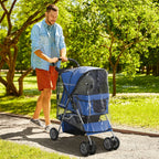 Folding Dog Stroller with Rain Cover, Swivel Wheels and Brakes, Blue