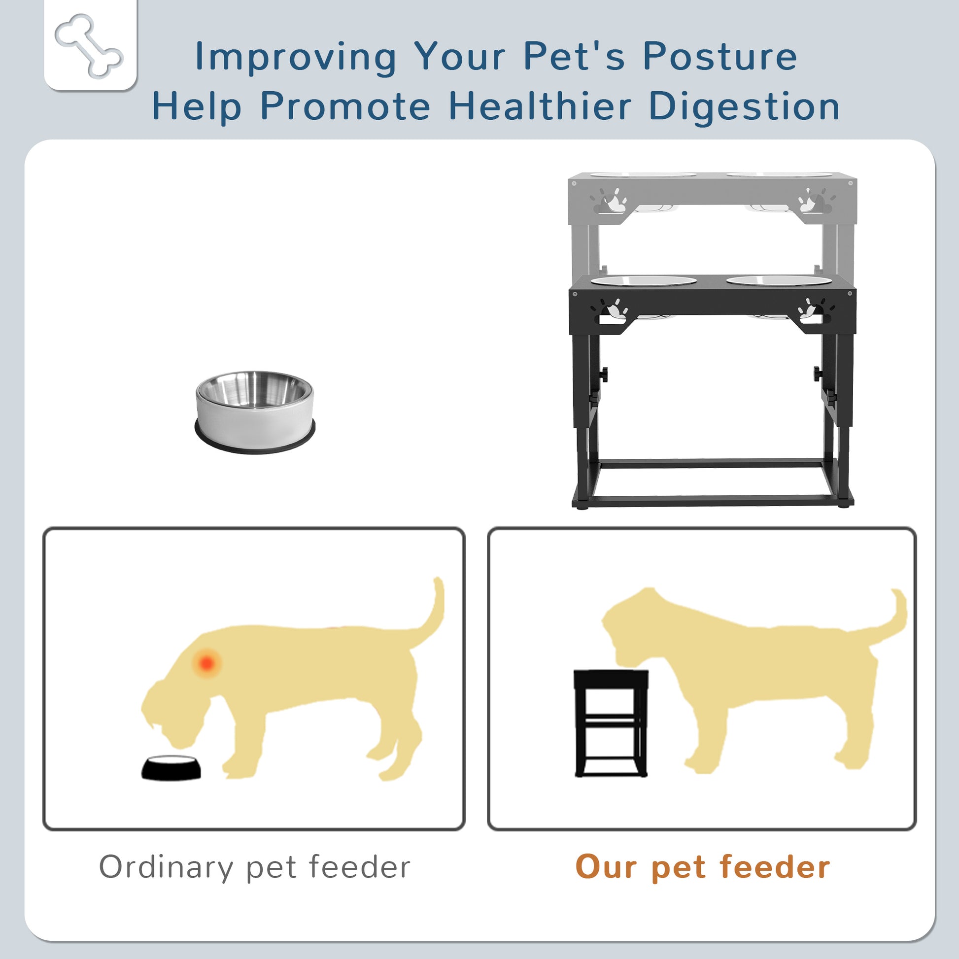 PAWHUT Portaciotole for dogs 44x27x51 cm at 7 adjustable heights with 2 raised bowls Ø19x6 cm, in black steel - Borgè