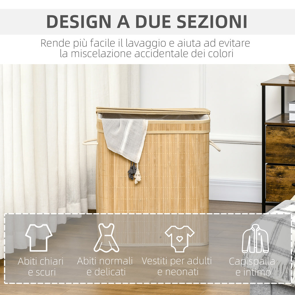 90L Foldable Laundry Basket with 2 Compartments, Bamboo Lid and Handles