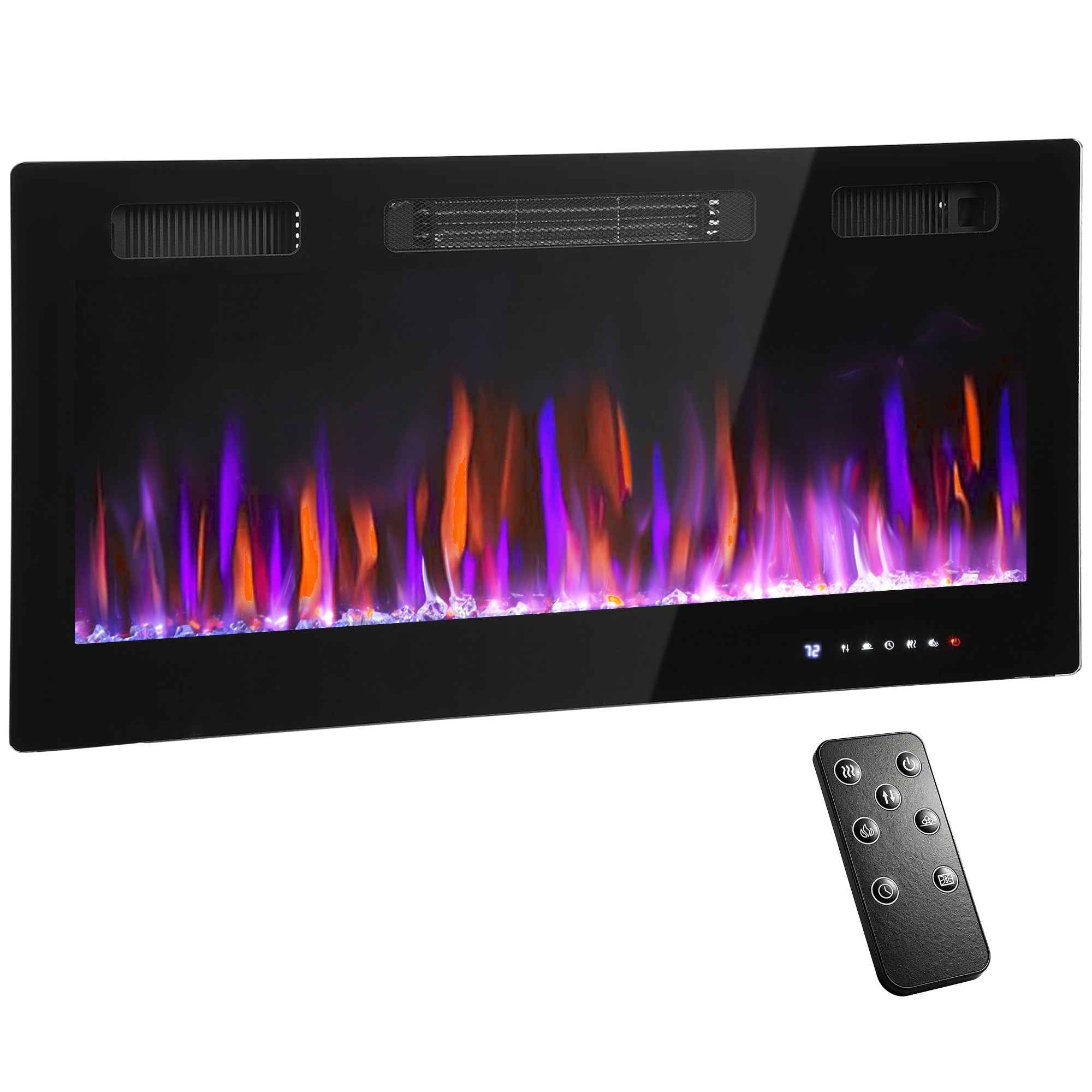 HOMCOM Built-in or Wall-Mounted Electric Fireplace with Adjustable Temperature, Steel and Glass, 91.4 x 9.4 x 47 cm, Black
