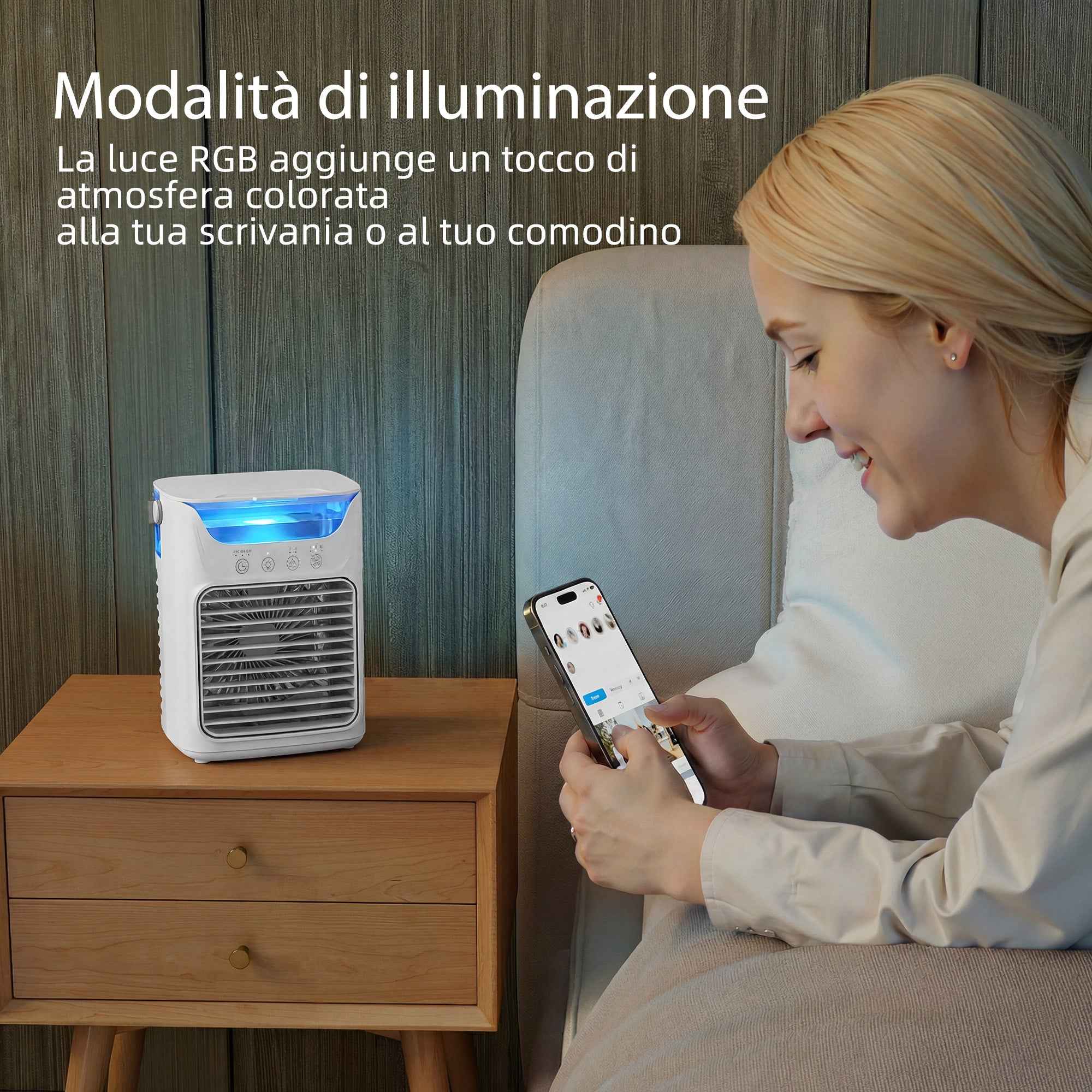 HOMCOM Table Fan with 3 Speeds, RGB Light and Adjustable Head, White