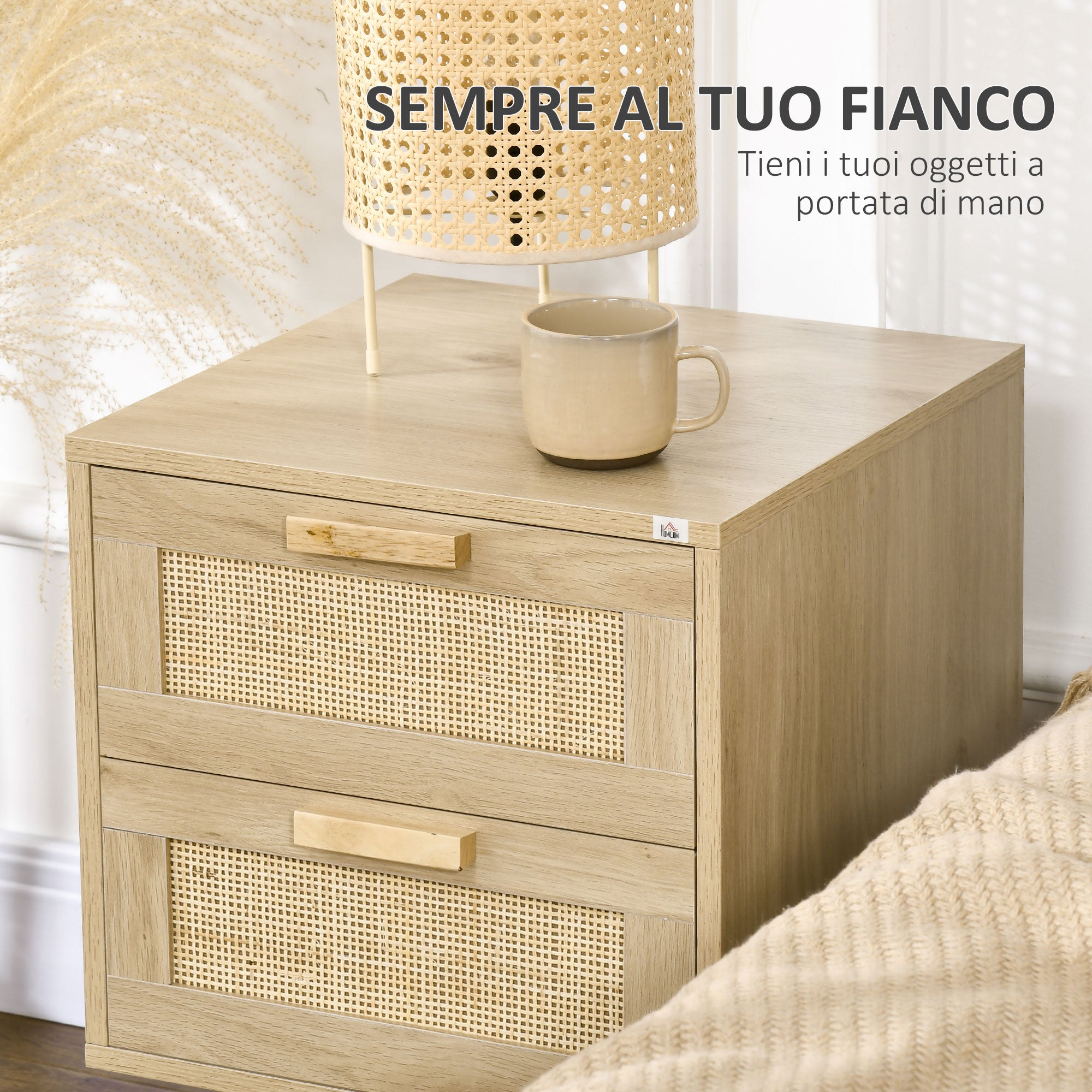 Boho Style Bedroom Nightstand with 2 Drawers, 40x40x56cm, Natural Wood Color