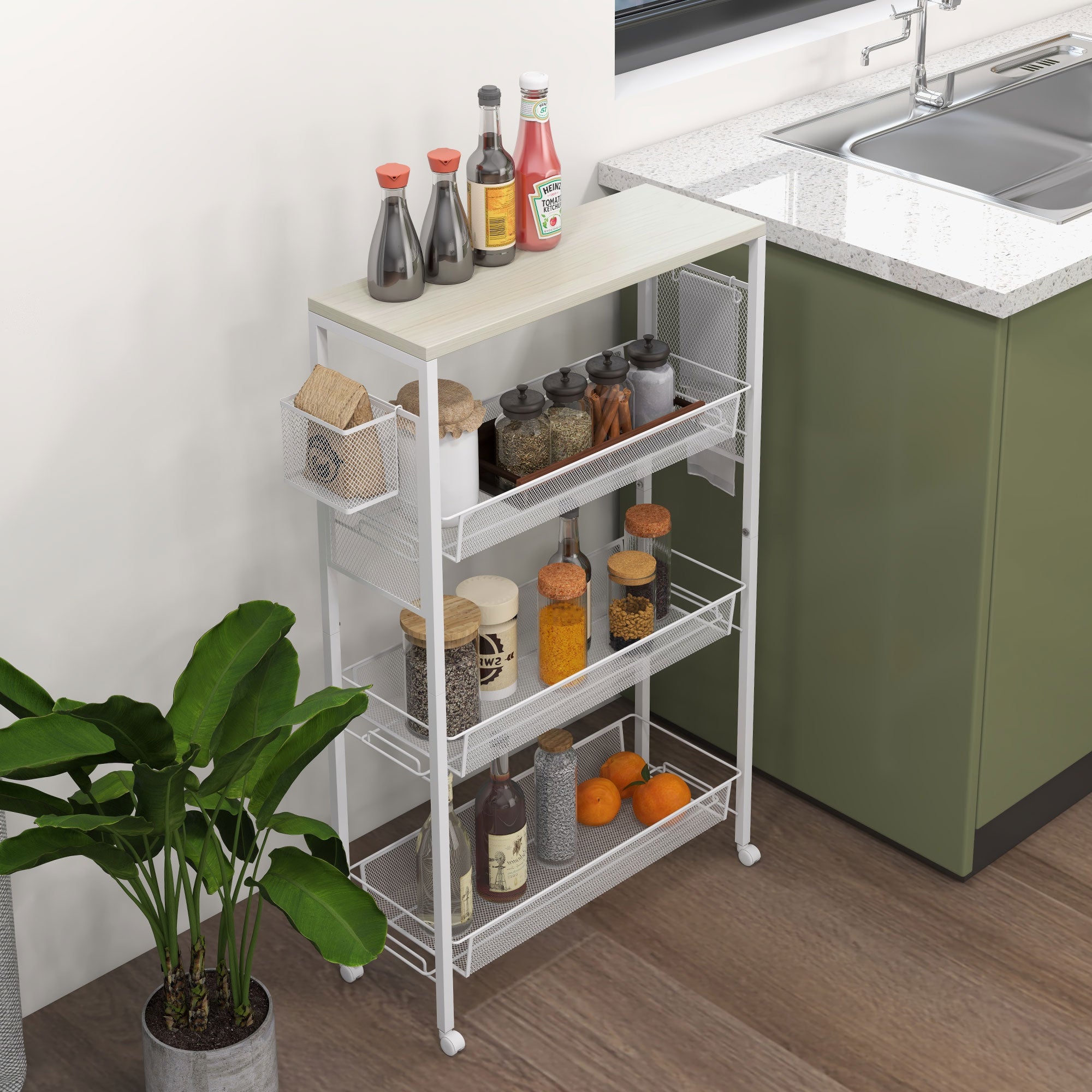 Homcom 3 -level kitchen trolley with lateral basket and hook, in chipboard and steel, 58x18.5x87 cm - Borgè