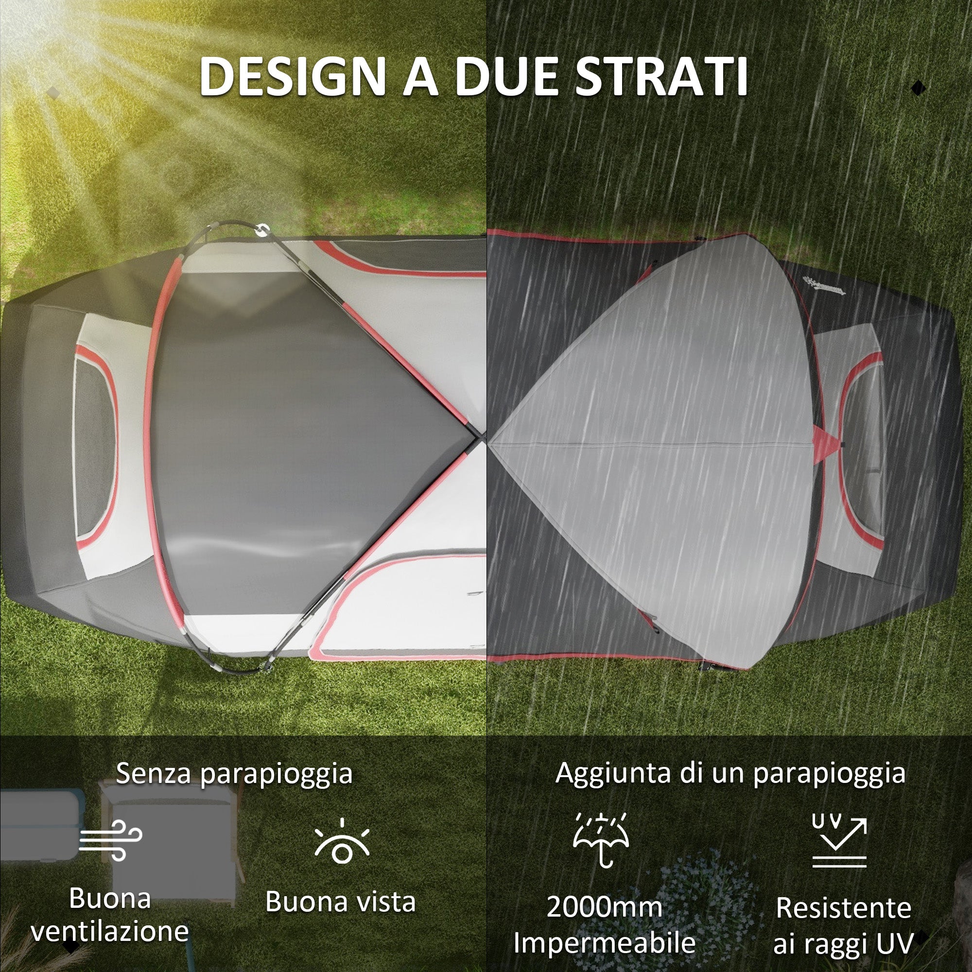 6 Person Camping Tent with 2 Separate Rooms, Polyester and Fiberglass, 450x215x180 cm, Grey