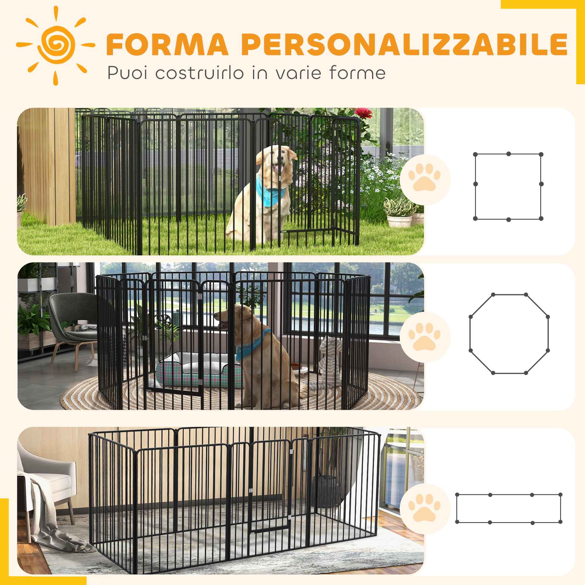PawHut 8-Panel Modular Indoor/Outdoor Dog Kennel with 9 Pegs, Steel, 164x164x100 cm, Black