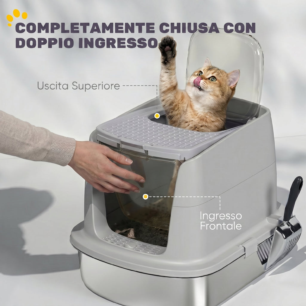 PawHut Stainless Steel Enclosed Cat Litter Box with Flip Lid, Double Door, Scoop, Light Grey