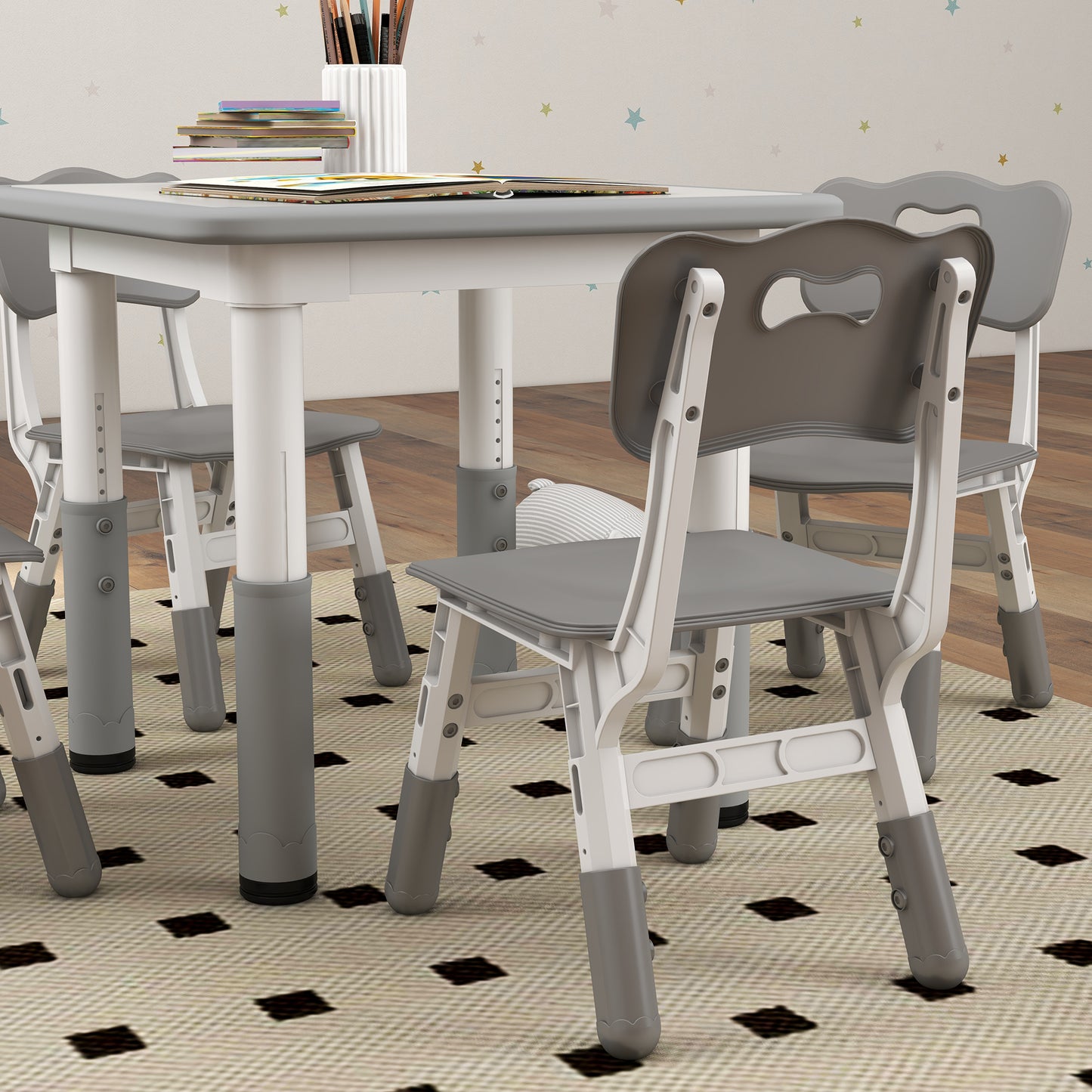 Children's Table and Chair Set 5pcs with 4 Adjustable Chairs 32x36x52. 5-56 cm and Table 60x60x46-58 cm, Grey