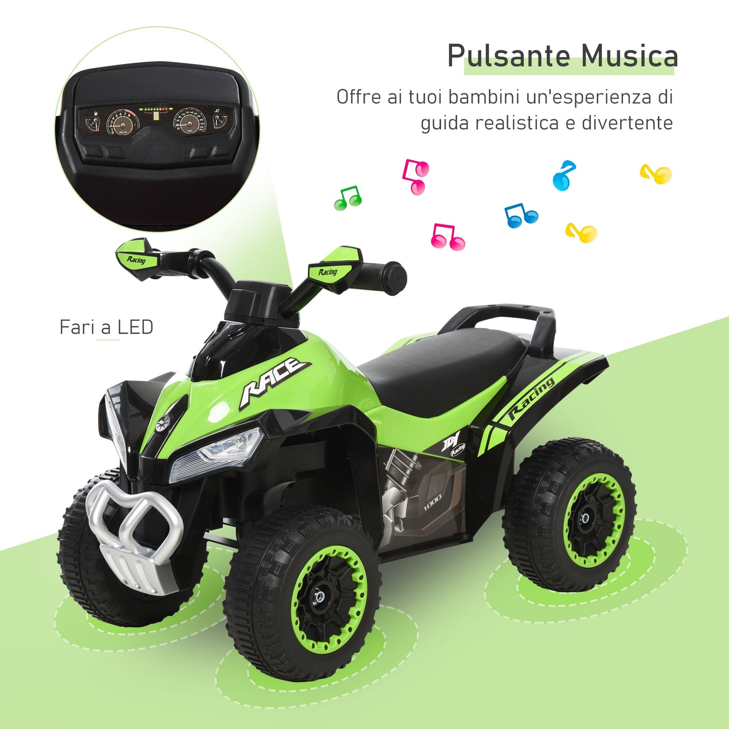 HOMCOM Quad for Children 18-36 Months Manually Pushed with Integrated Wheels, in PP and Metal, 44x67.5x38 cm, Green