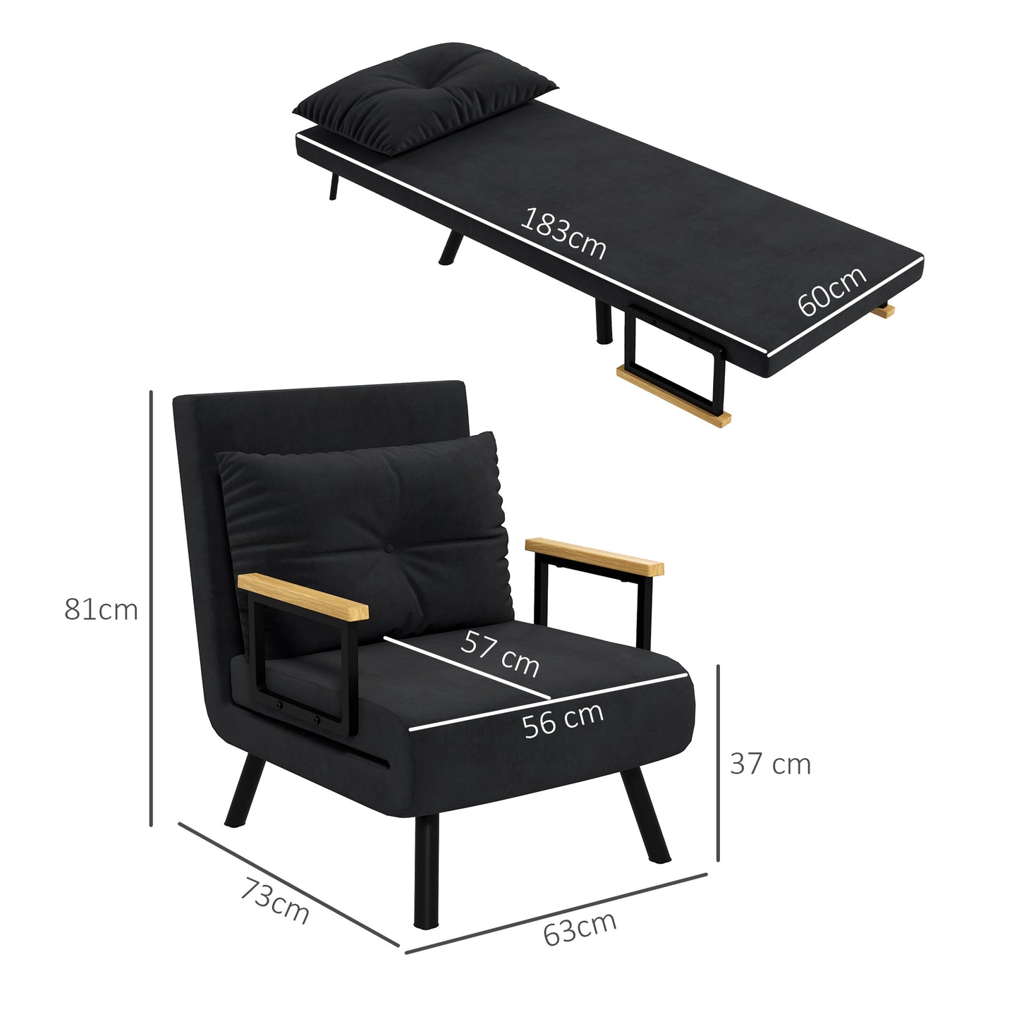 Velvet Black, 3 in 1 Sofa Bed with 5-Position Reclining Backrest and Cushion, 63x73x81 cm, Black