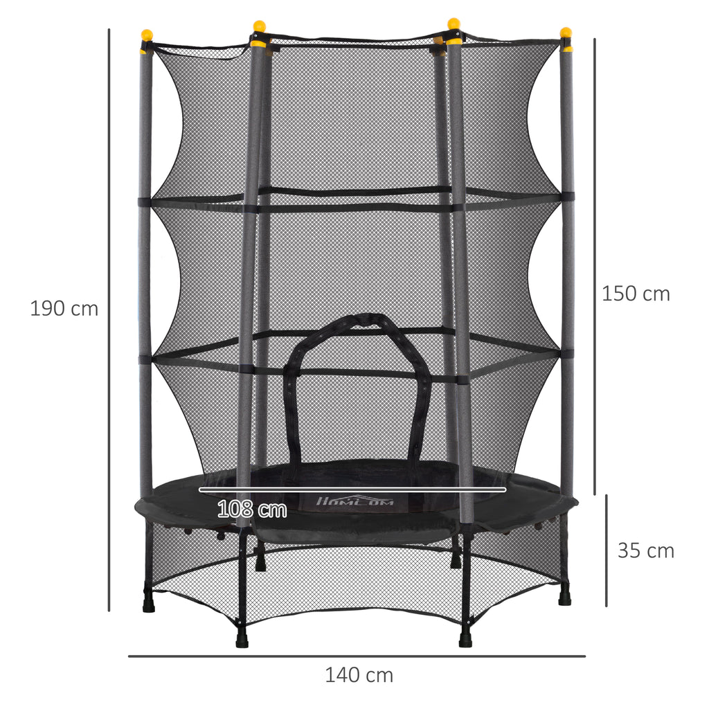 Children's Trampoline with Safety Net and Padded Poles Age 3-10 Years, Ø140 x 190 cm, Black