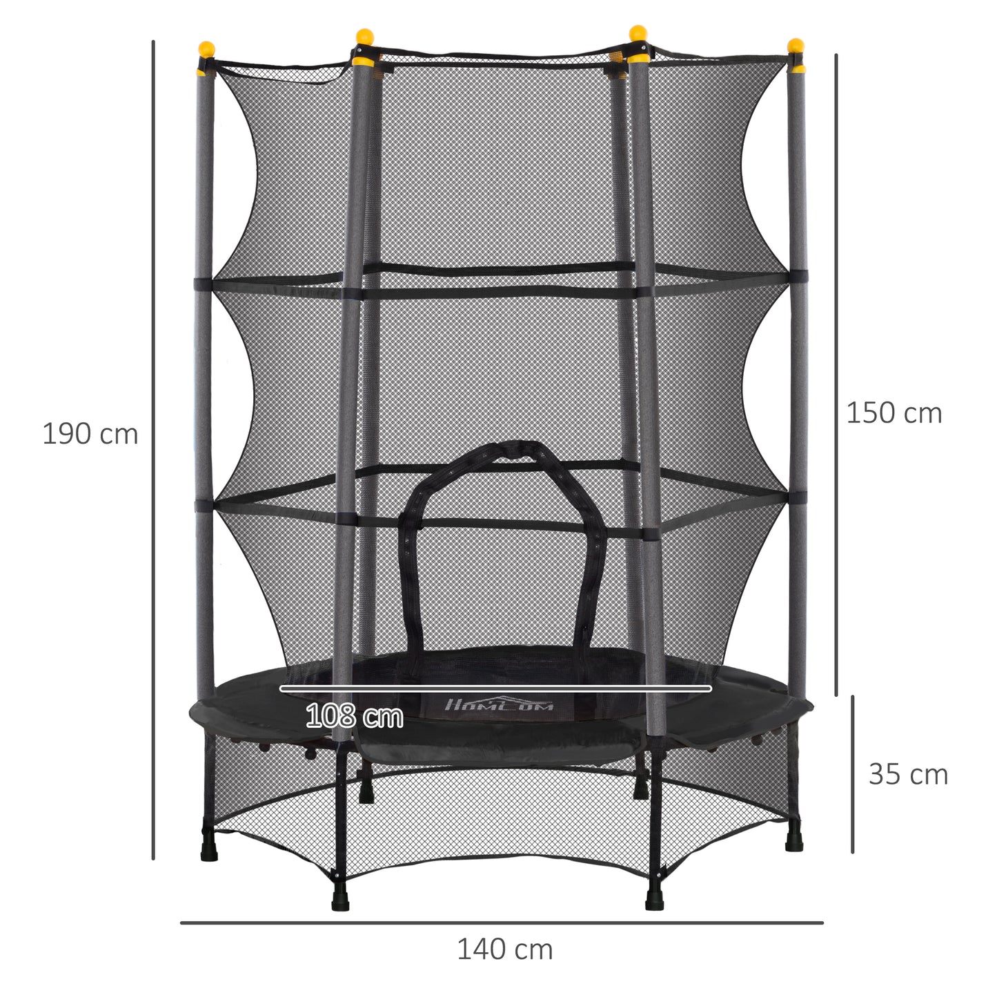 Children's Trampoline with Safety Net and Padded Poles Age 3-10 Years, Ø140 x 190 cm, Black