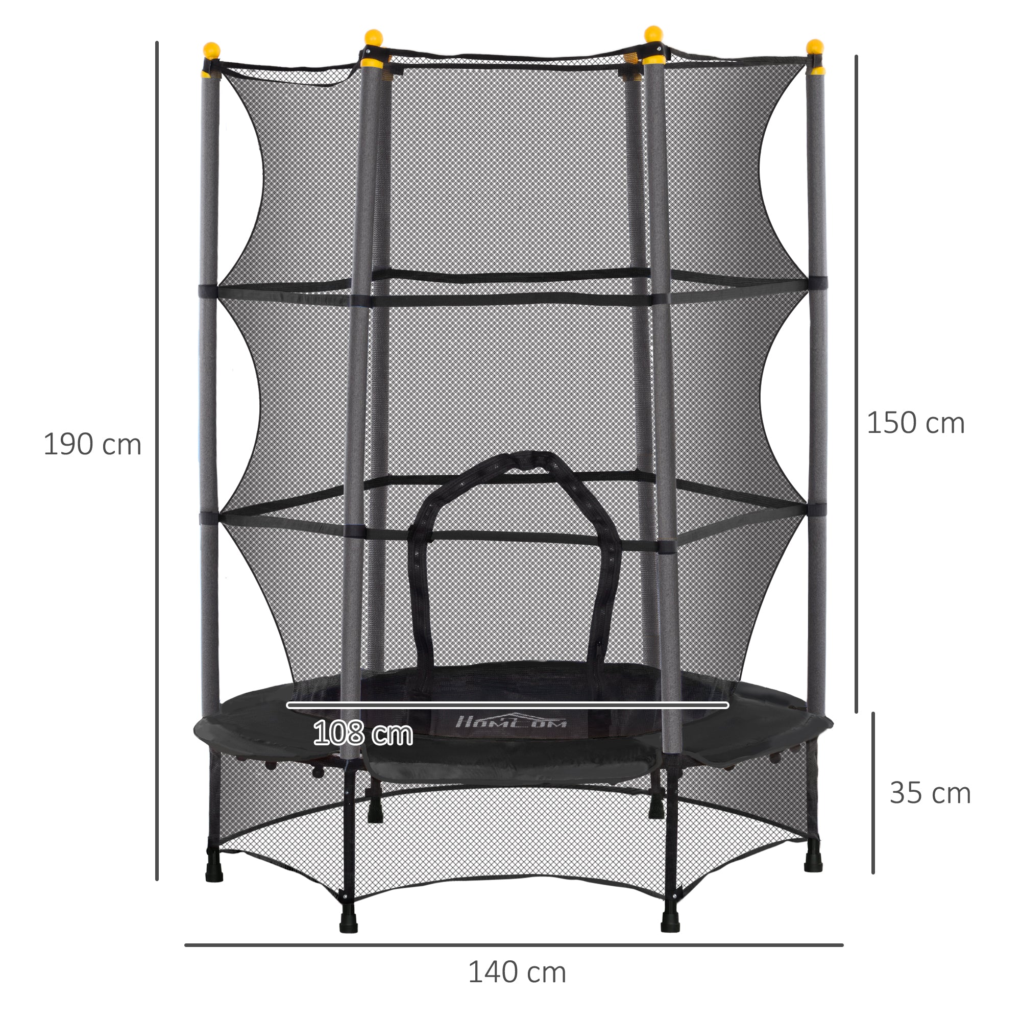 Children's Trampoline with Safety Net and Padded Poles Age 3-10 Years, Ø140 x 190 cm, Black