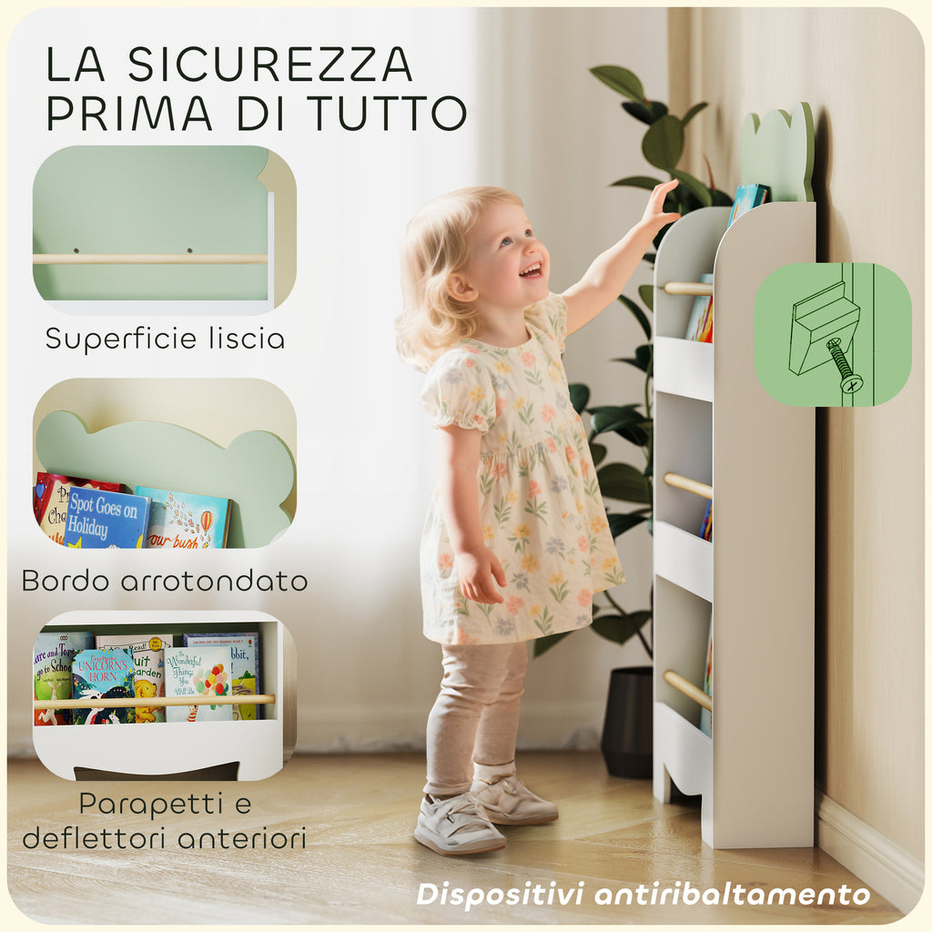Children's Bookcase with 3 Shelves in the Shape of a Bear with Front Barriers, 55x15x110 cm, Green