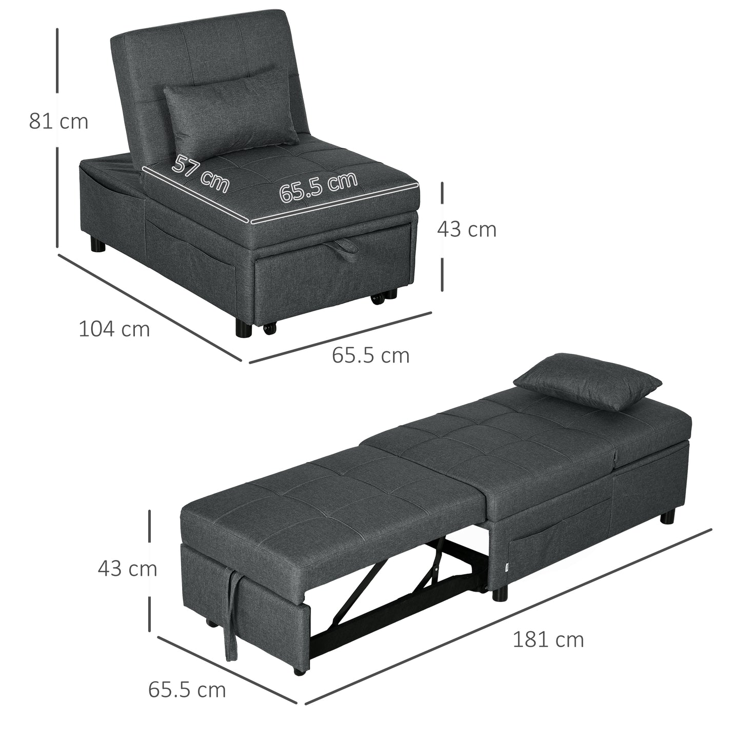 HOMCOM Single Armchair Bed 3 in 1 Reclining at 3 Levels with Cushion, in Linen Effect Fabric, 65.5x104x81 cm, Gray