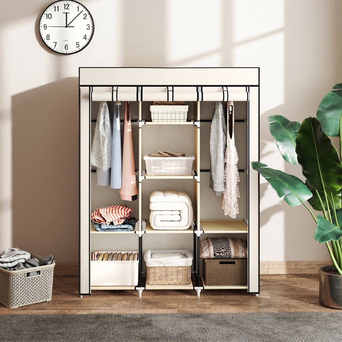 HOMCOM Space-Saving Wardrobe with Raised Base, 8 Shelves and 2 Bars, in Non-Woven Fabric and Steel, Cream