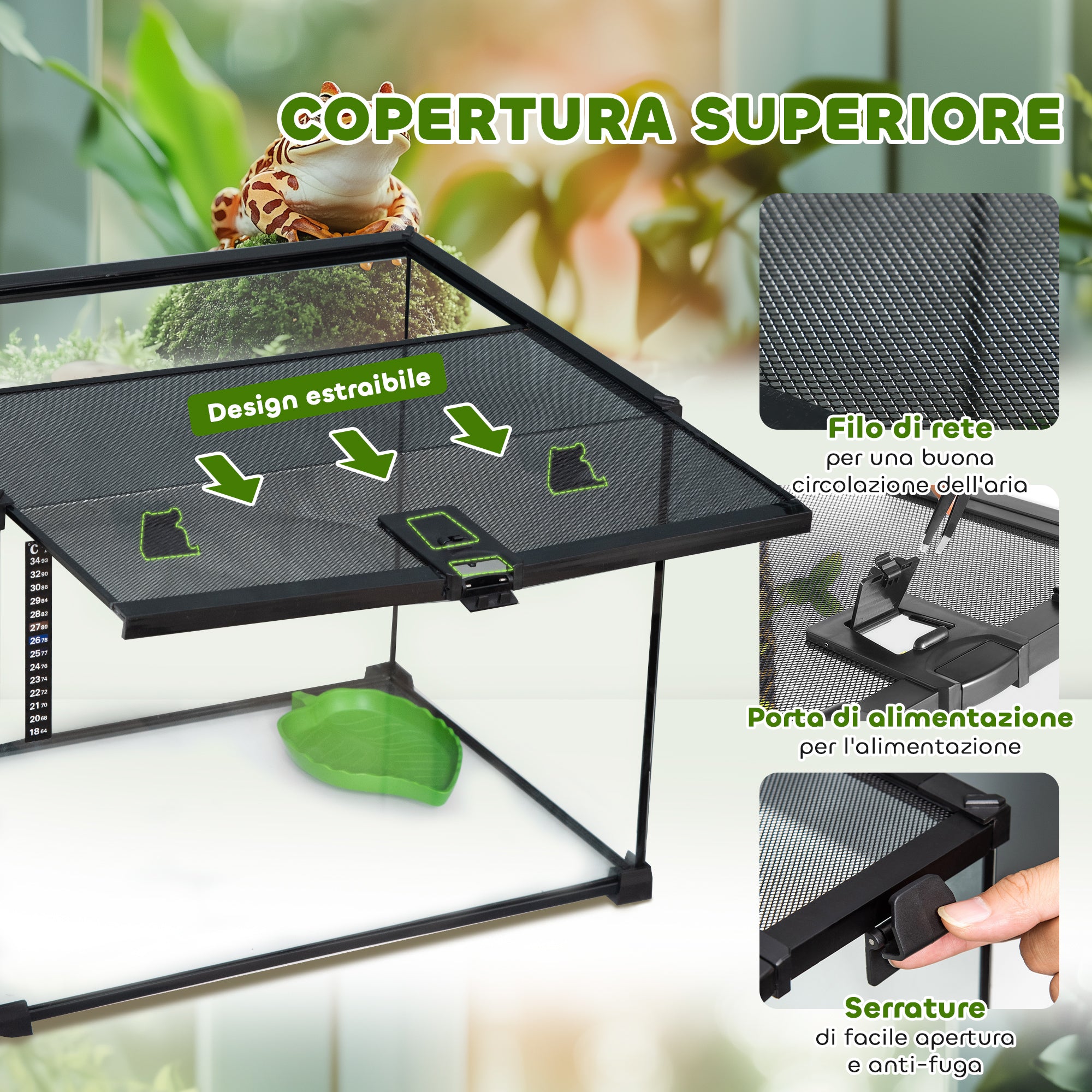 Reptile Terrarium, Reptile Breeding Box, Terrarium Hut, Sliding Lid, Metal Grid, Thermometer, Black