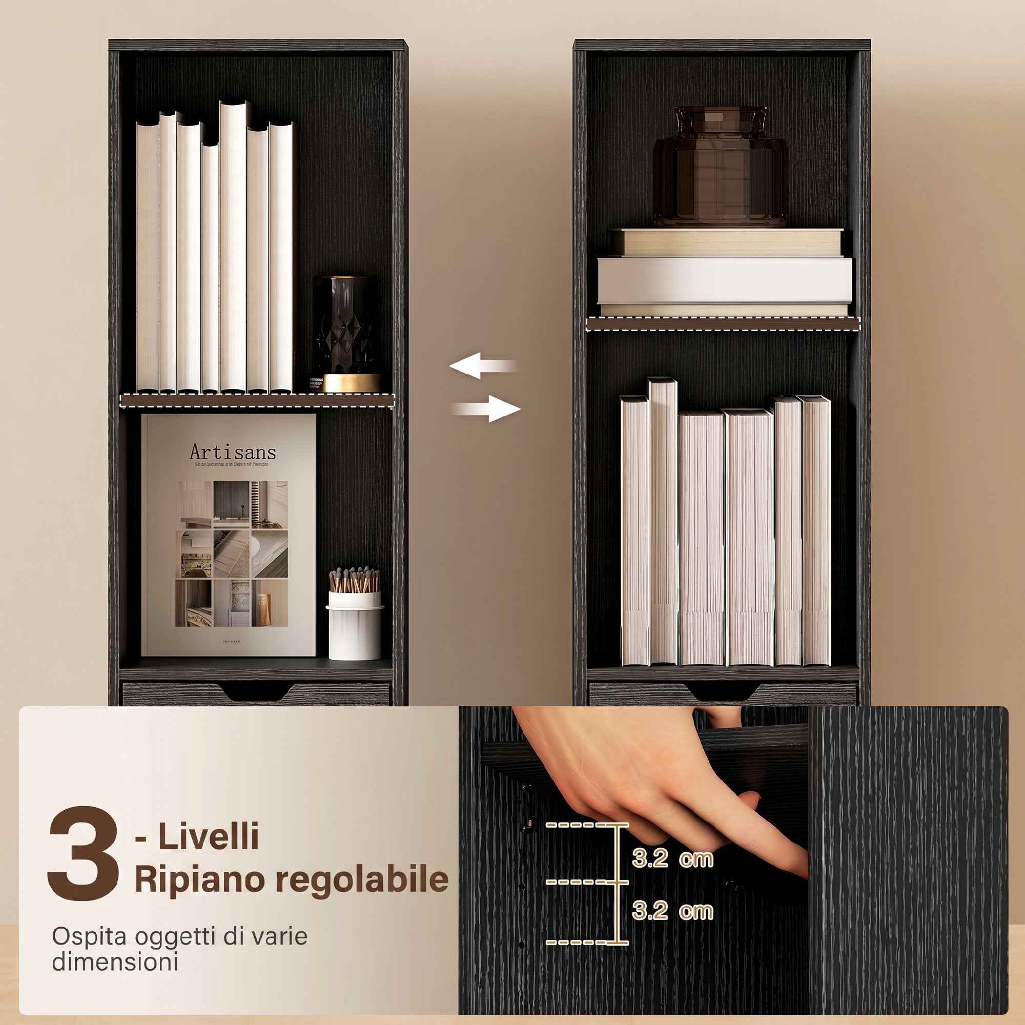 HOMCOM 4-Tier Open Bookshelf with Cabinet and Drawer, 30x24x158 cm, Black