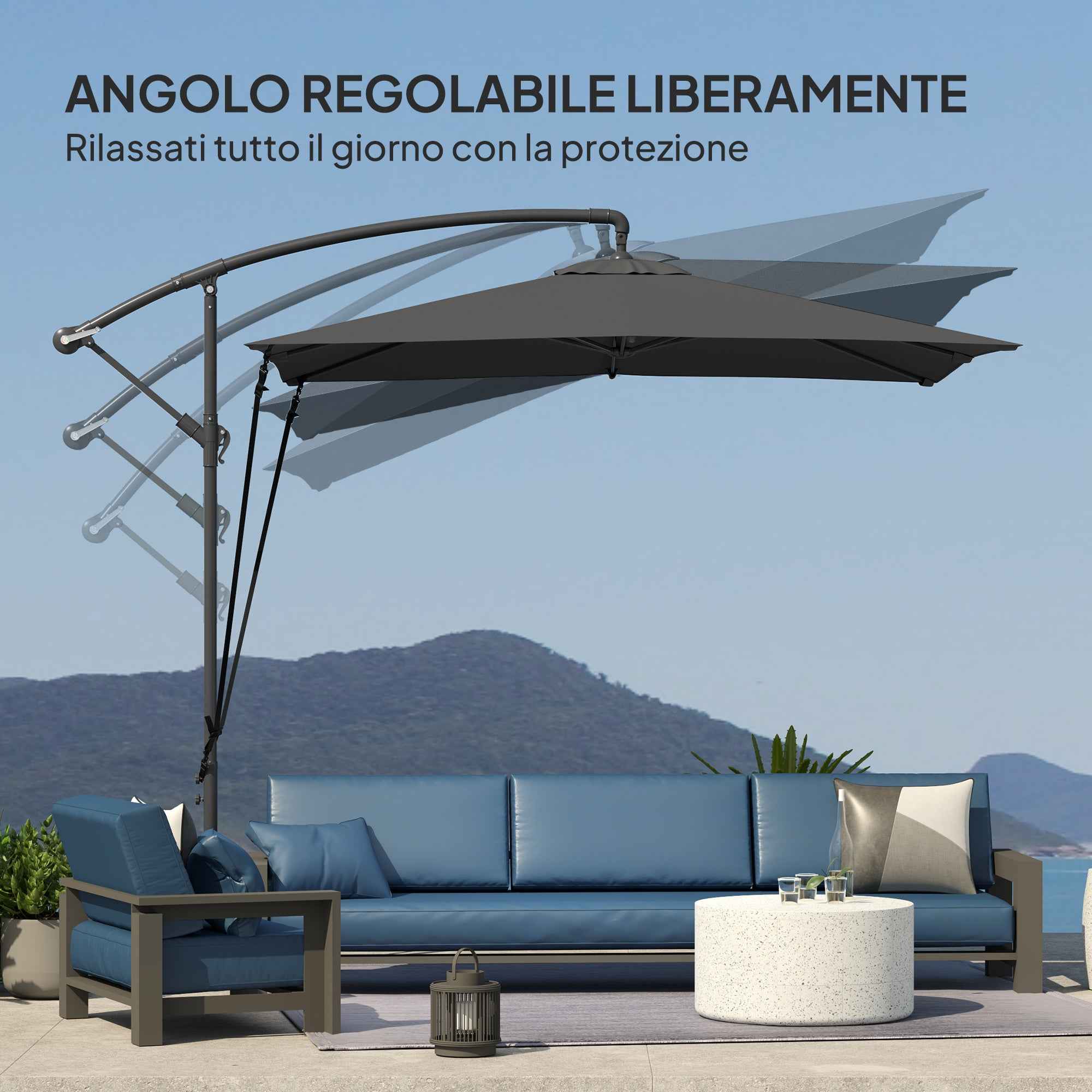 Outsunny Adjustable Cantilever Umbrella with Cross Base and Crank Handle, in Steel and Polyester, 247x247x256, Dark Grey