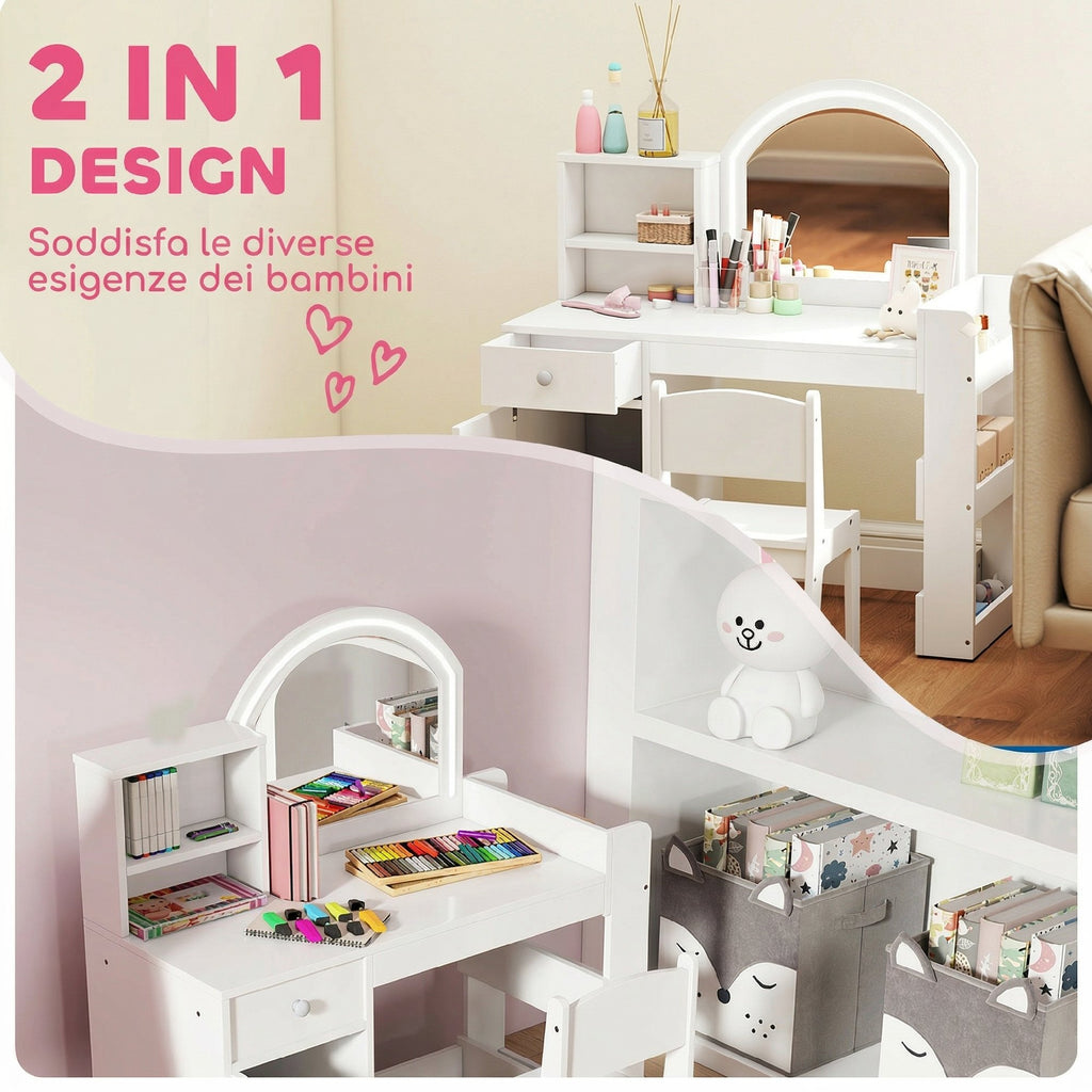 AIYAPLAY 2-in-1 Kids Dressing Table Set with Mirror, Chair, LED Light, Cabinet, Shelves and Bookcase, White