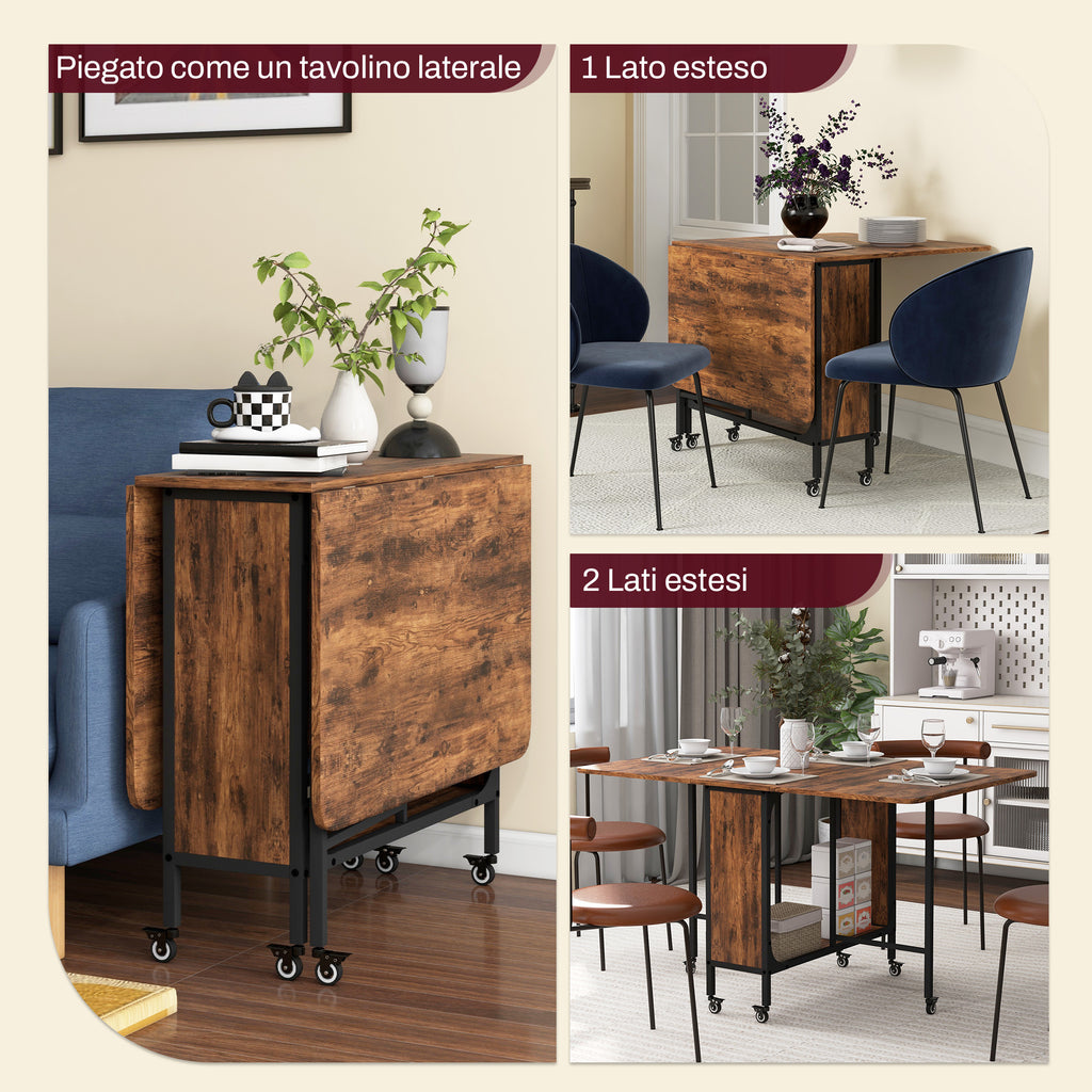 Foldable Table with 6 Wheels and Shelf Industrial Style Wood and Metal, Rustic Brown