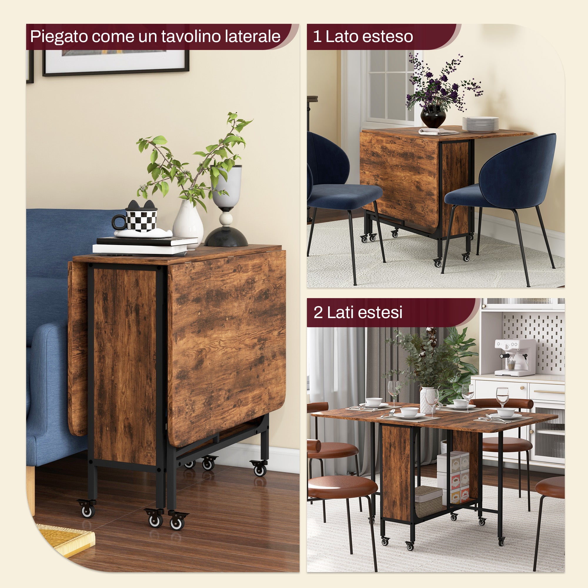 Foldable Table with 6 Wheels and Shelf Industrial Style Wood and Metal, Rustic Brown