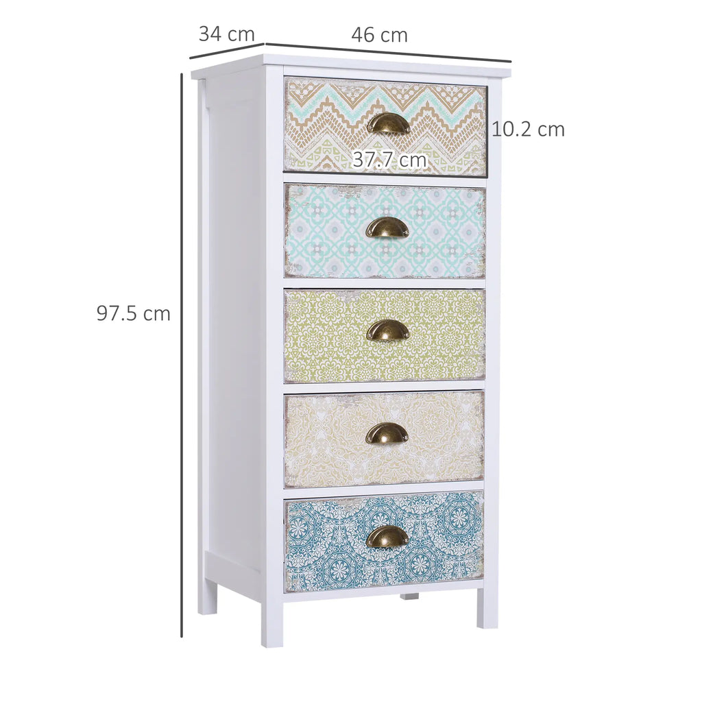 Vintage Chest of Drawers Cabinet with 5 Drawers Shabby Style Bathroom, Entrance, Bedroom 46 × 34 × 97.5cm White